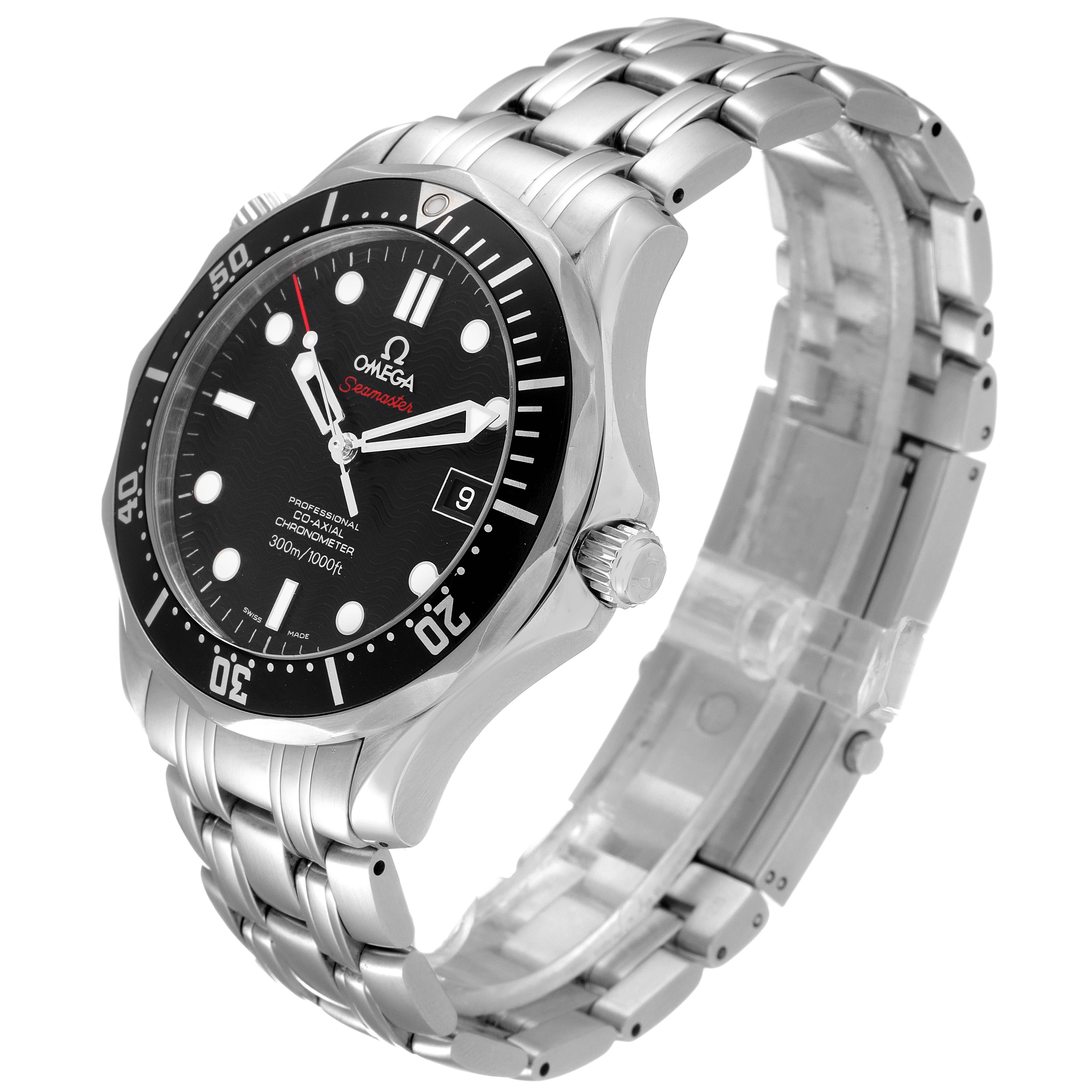 The Omega Seamaster 212.30.41.20.01.002 Men's Stainless Steel Black Dial 212.30.41.20.01.002 Men's Stainless Steel Black Dial watch is shown from an angled side view displaying its face, bezel, crown, and metal bracelet.