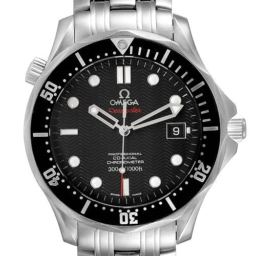 This image shows a front view of the Omega Seamaster watch, highlighting the dial, hands, bezel, and bracelet.