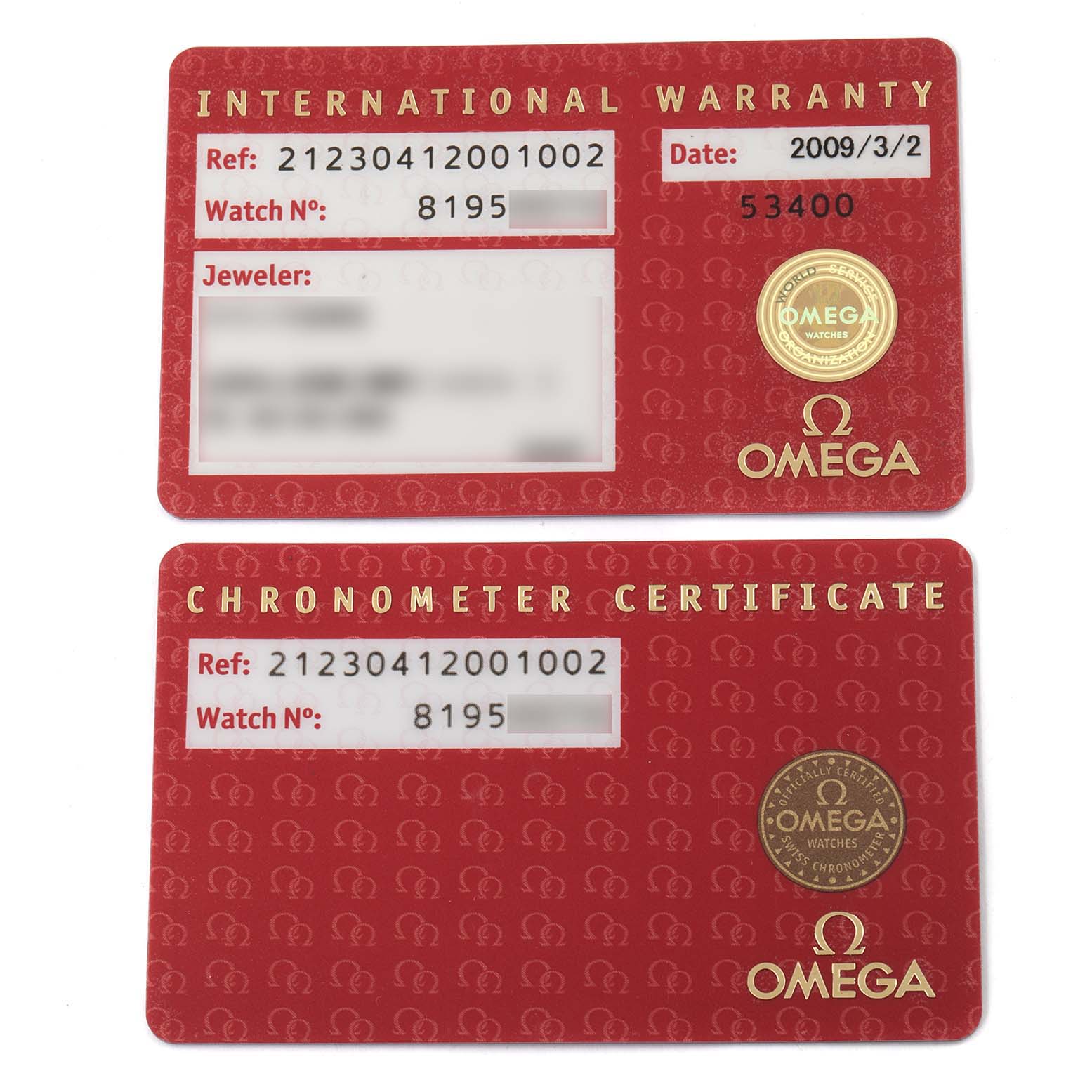 The image shows the International Warranty and Chronometer Certificate cards for an Omega Seamaster 212.30.41.20.01.002 Men's Stainless Steel Black Dial 212.30.41.20.01.002 Men's Stainless Steel Black Dial watch.