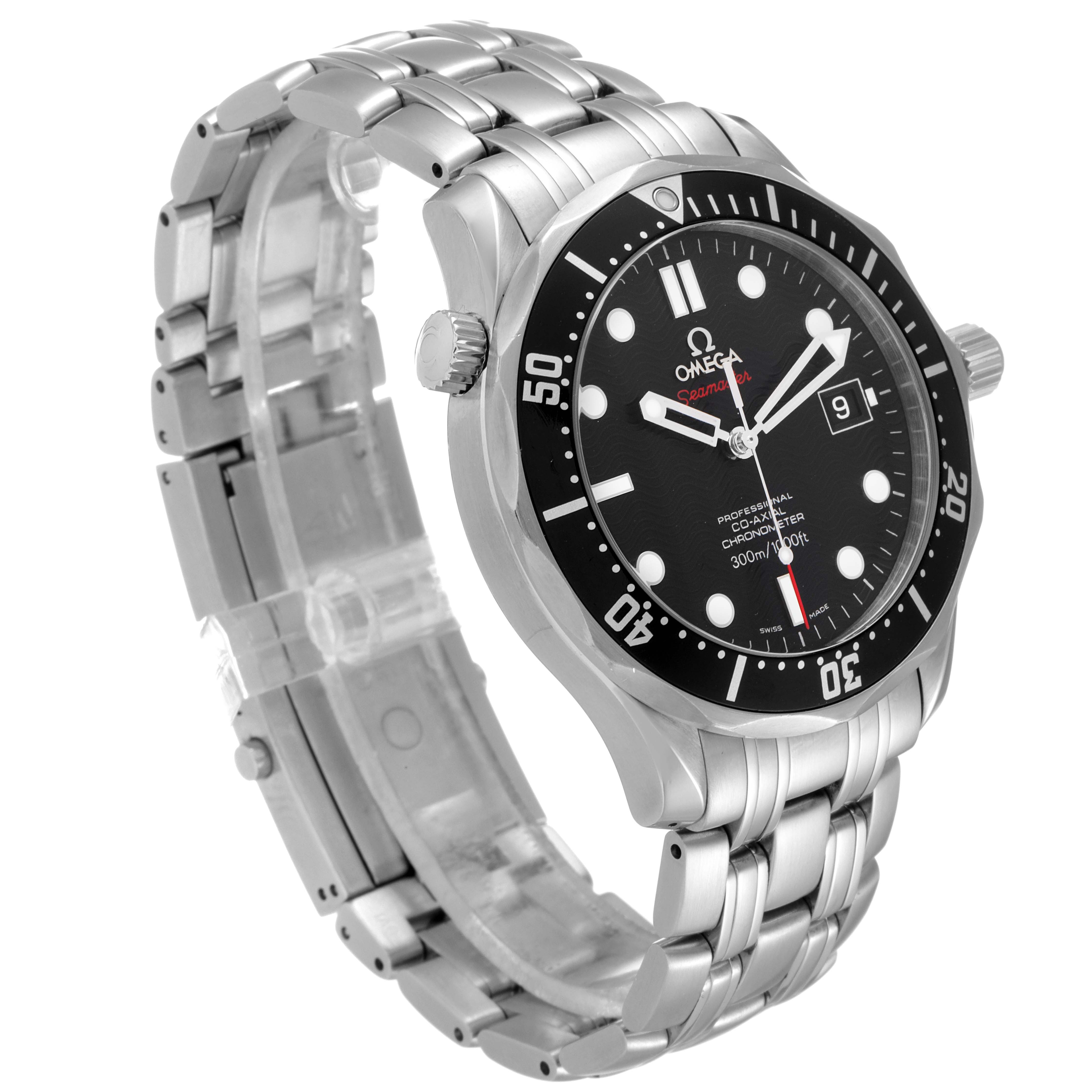The image shows an Omega Seamaster 212.30.41.20.01.002 Men's Stainless Steel Black Dial 212.30.41.20.01.002 Men's Stainless Steel Black Dial watch angled to display its face, bezel, crown, and stainless steel bracelet.