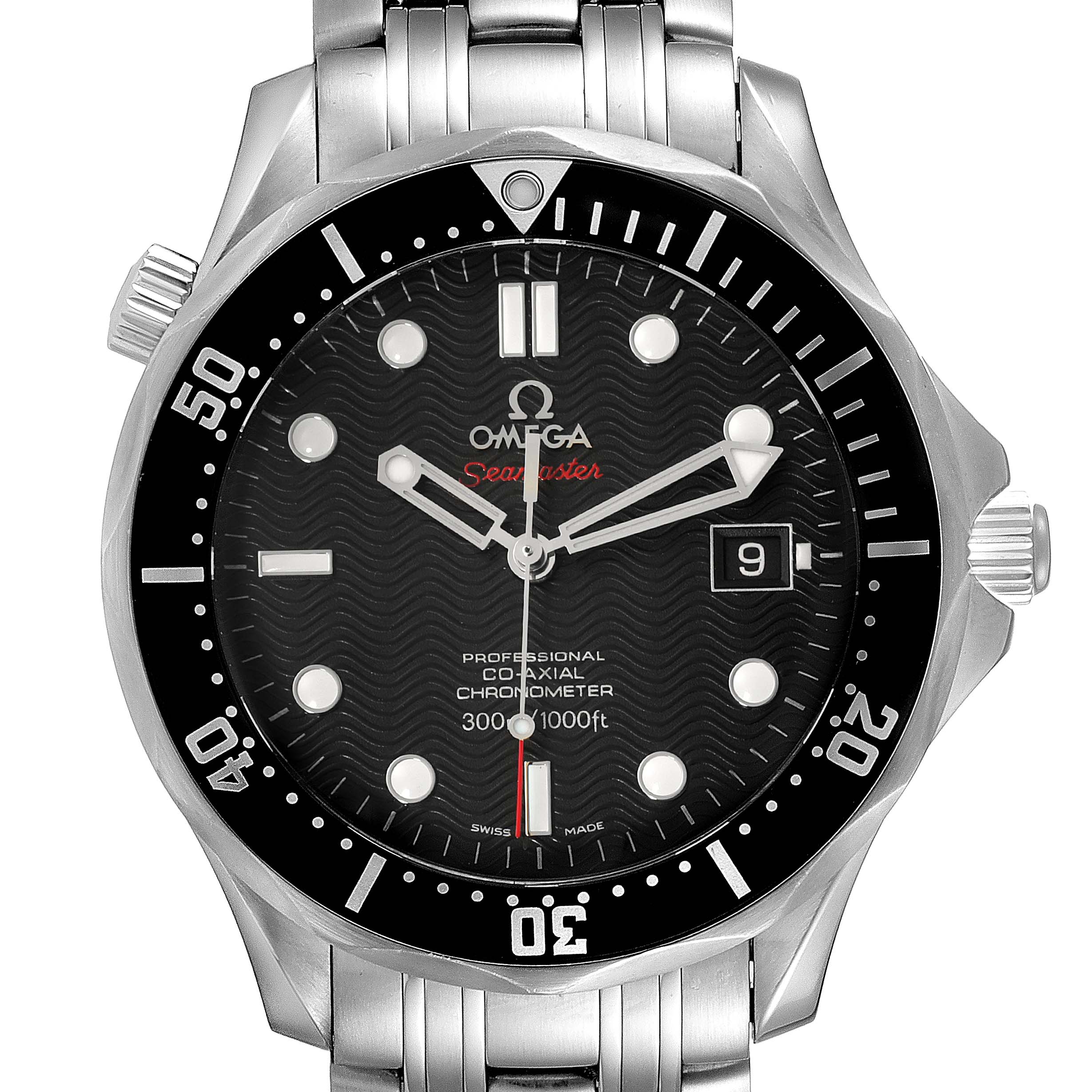 The image shows a front view of the Omega Seamaster 212.30.41.20.01.002 Men's Stainless Steel Black Dial 212.30.41.20.01.002 Men's Stainless Steel Black Dial watch, highlighting its face, bezel, crown, and part of the bracelet.