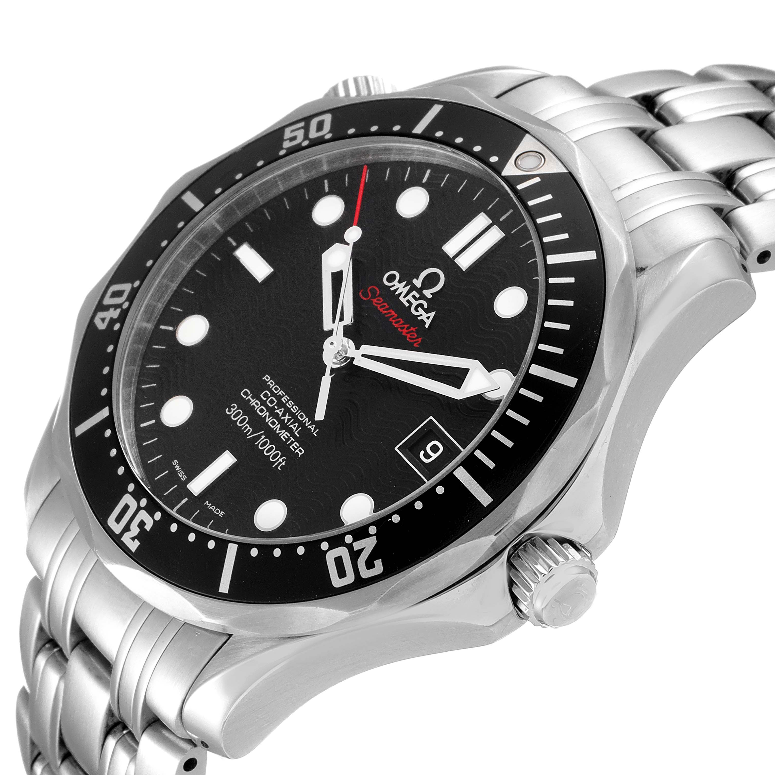 This image shows a close-up angled view of an Omega Seamaster 212.30.41.20.01.002 Men's Stainless Steel Black Dial 212.30.41.20.01.002 Men's Stainless Steel Black Dial watch, highlighting the dial, bezel, and bracelet.