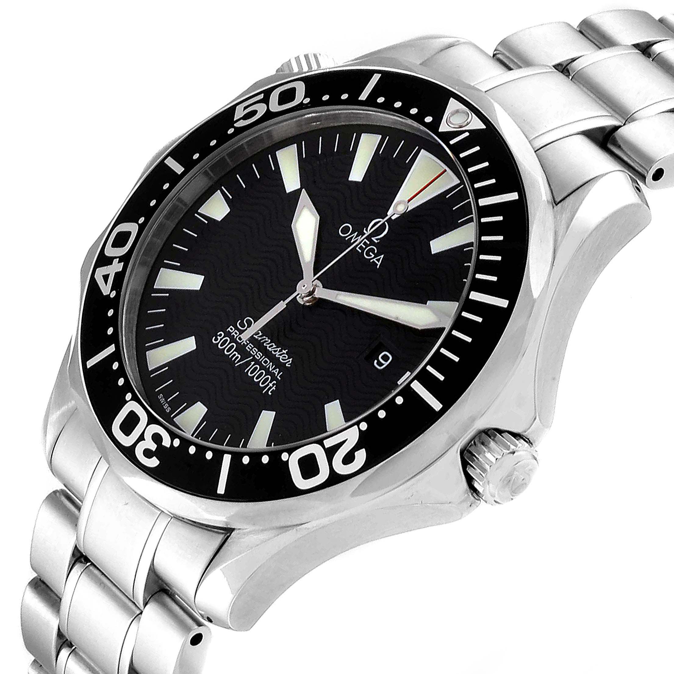 The Omega Seamaster 2264.50.00 Men
s Stainless Steel Black Dial 2264.50.00 Men
s Stainless Steel Black Dial watch is shown at an oblique angle focusing on the dial, bezel, crown, and bracelet.