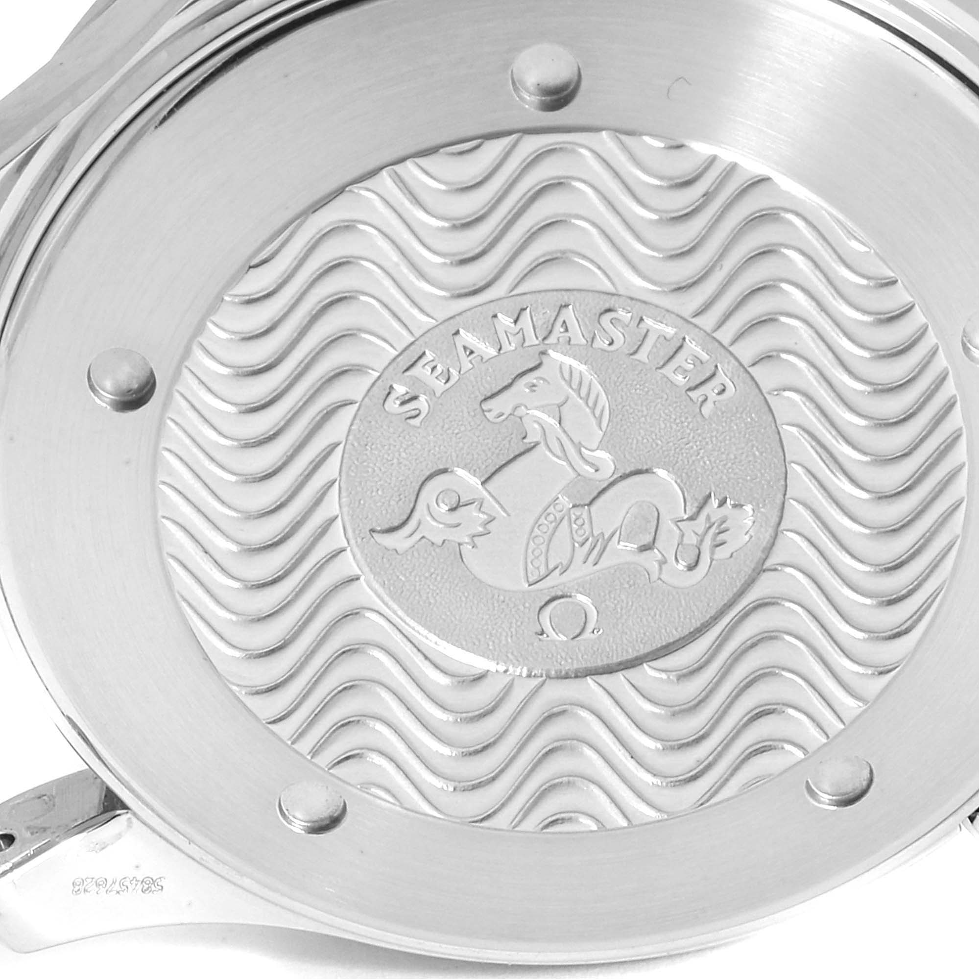 The image shows a close-up of the back case of an Omega Seamaster 2264.50.00 Men
s Stainless Steel Black Dial 2264.50.00 Men
s Stainless Steel Black Dial watch, featuring the engraved logo.