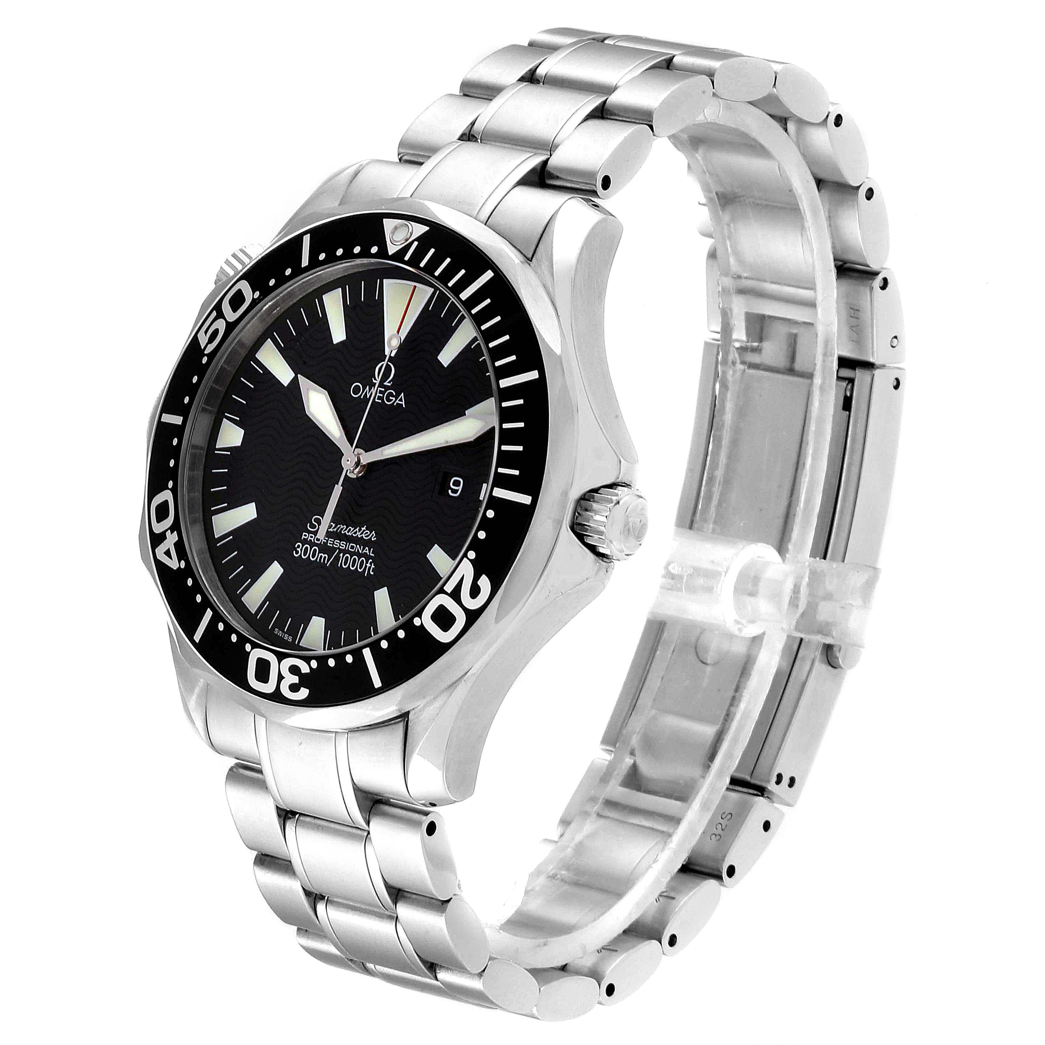 The Omega Seamaster 2264.50.00 Men
s Stainless Steel Black Dial 2264.50.00 Men
s Stainless Steel Black Dial watch is shown at an angled side view, displaying its face, bezel, and bracelet in detail.