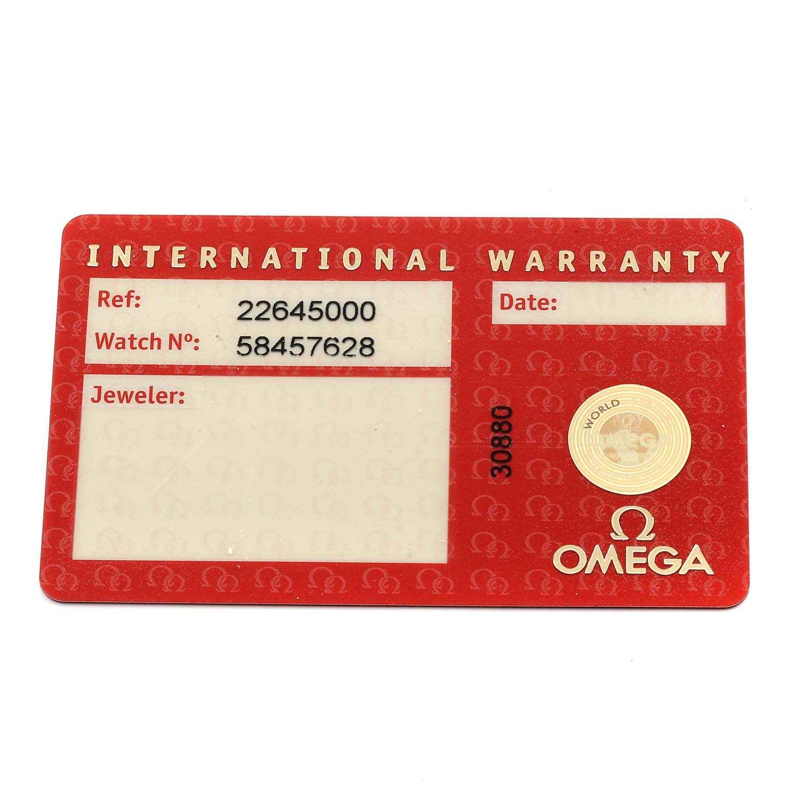 This Omega Seamaster 2264.50.00 Men
s Stainless Steel Black Dial 2264.50.00 Men
s Stainless Steel Black Dial International Warranty card is shown from an overhead angle, displaying reference and watch numbers.