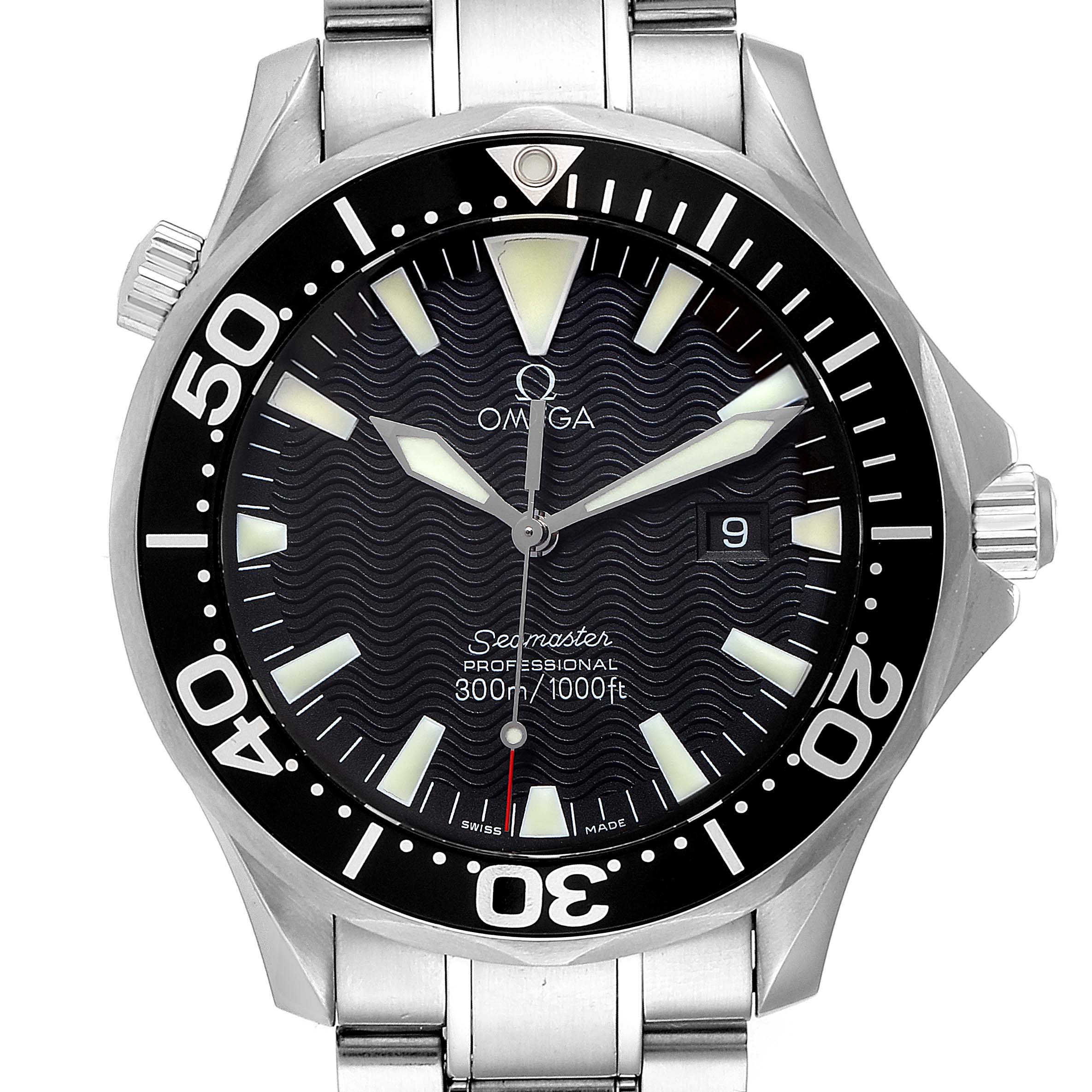 The image shows a front view of an Omega Seamaster 2264.50.00 Men
s Stainless Steel Black Dial 2264.50.00 Men
s Stainless Steel Black Dial watch, displaying the dial, bezel, and part of the bracelet.