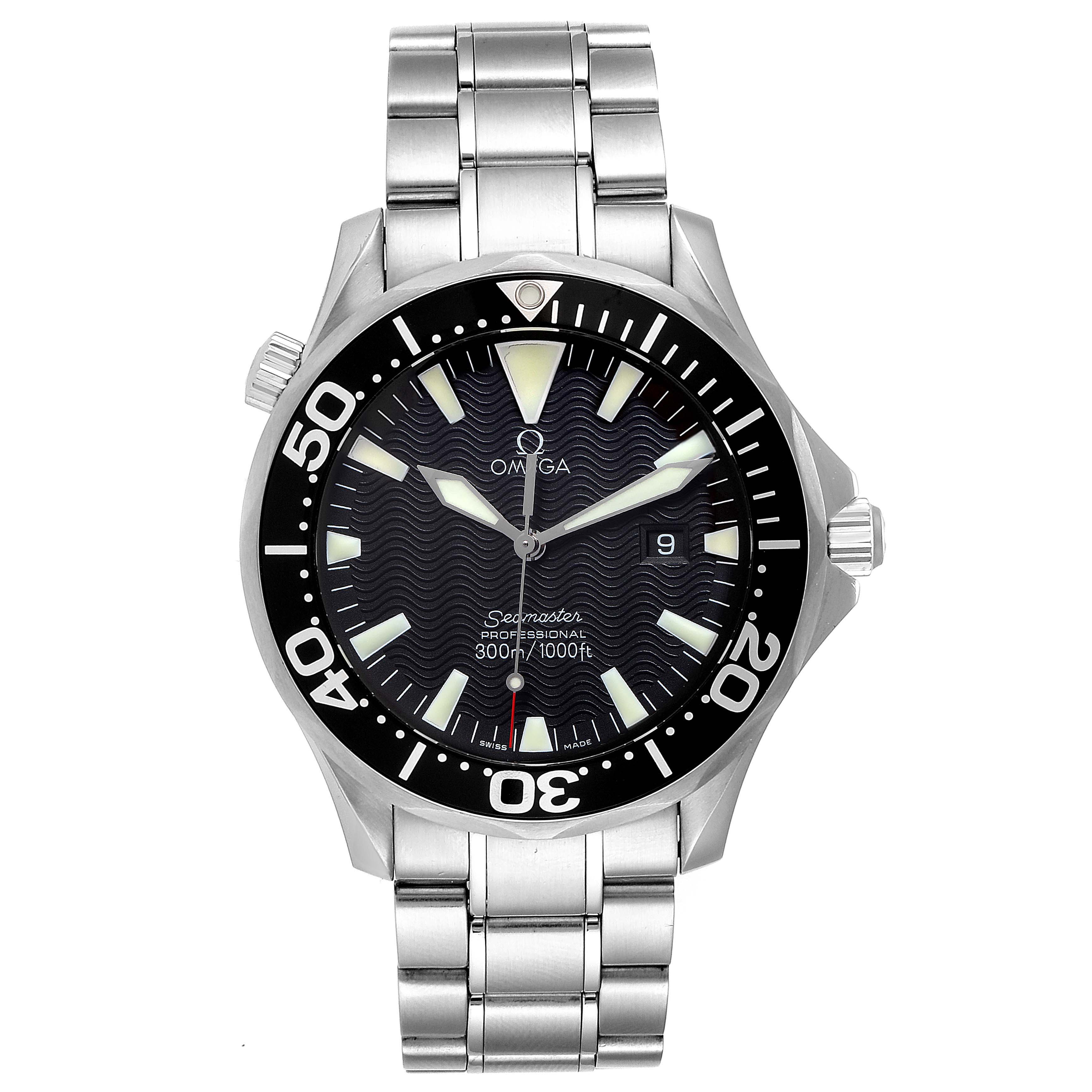 The image shows a front view of the Omega Seamaster 2264.50.00 Men
s Stainless Steel Black Dial 2264.50.00 Men
s Stainless Steel Black Dial watch, highlighting its dial, bezel, and stainless steel bracelet.