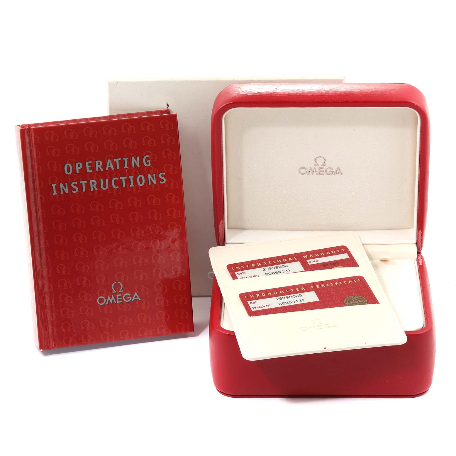 This image shows an Omega Seamaster 2599.80.00 Men
s Stainless Steel Blue Dial 2599.80.00 Men
s Stainless Steel Blue Dial watch box, warranty cards, and the operating instructions at a front angle view.