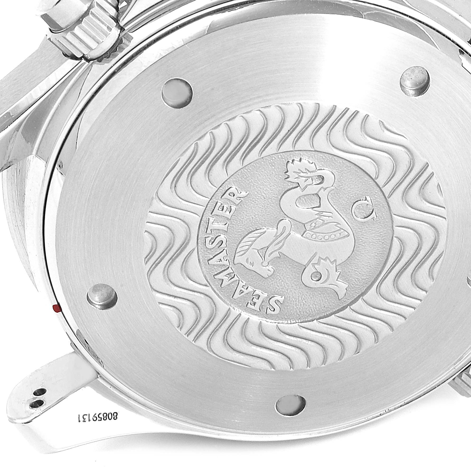 This is the back view of an Omega Seamaster 2599.80.00 Men
s Stainless Steel Blue Dial 2599.80.00 Men
s Stainless Steel Blue Dial watch, showcasing its engraved case back and parts of the band attachment.