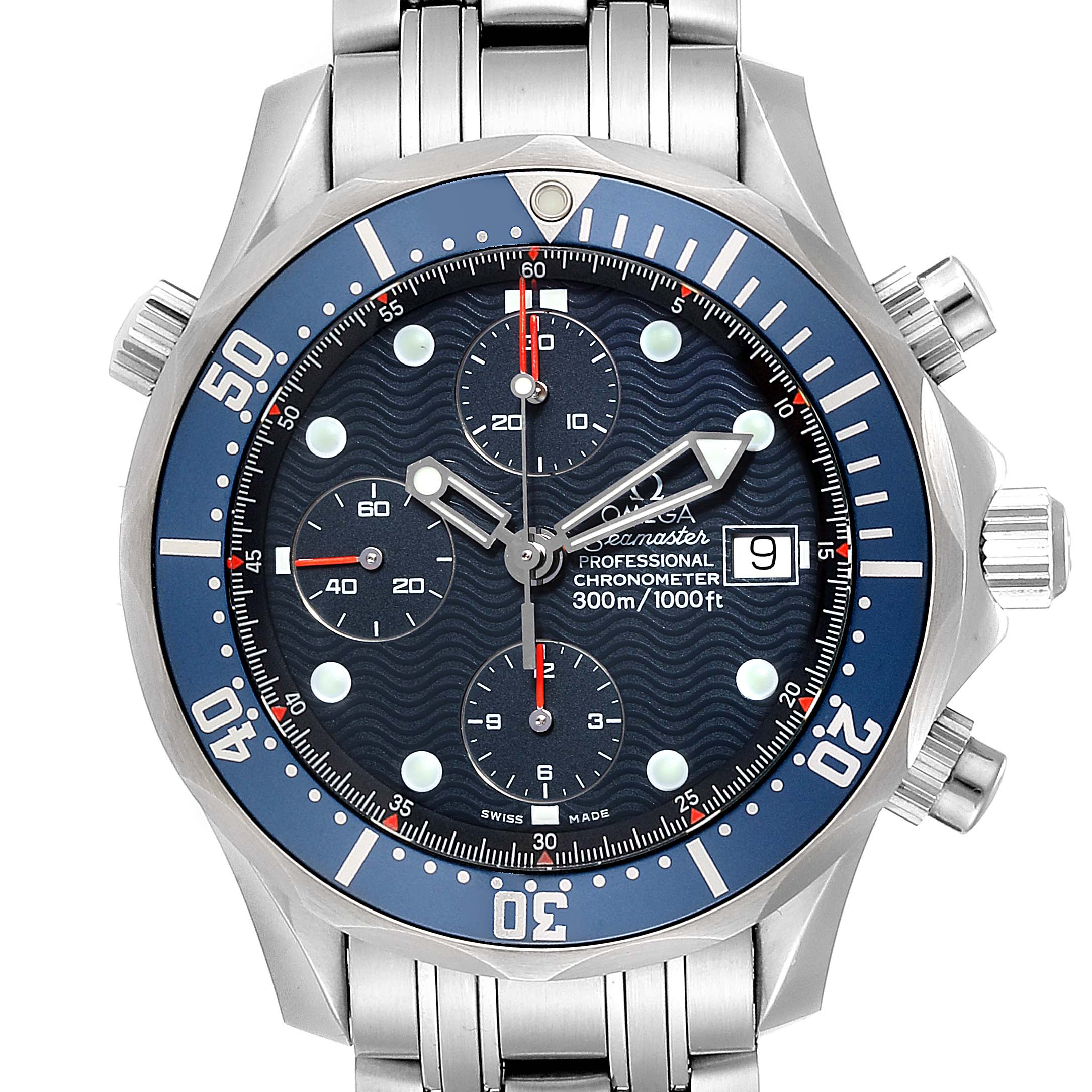 The Omega Seamaster 2599.80.00 Men
s Stainless Steel Blue Dial 2599.80.00 Men
s Stainless Steel Blue Dial watch is shown from the front, displaying the dial, bezel, sub-dials, hands, and stainless steel bracelet.