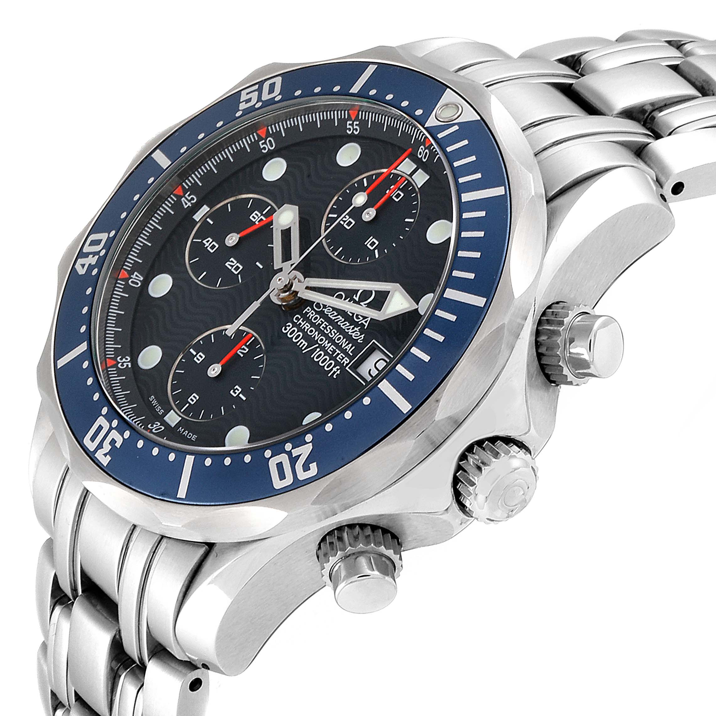 The image shows an angled side view of an Omega Seamaster 2599.80.00 Men
s Stainless Steel Blue Dial 2599.80.00 Men
s Stainless Steel Blue Dial watch, highlighting the bezel, dial, crown, and pushers.