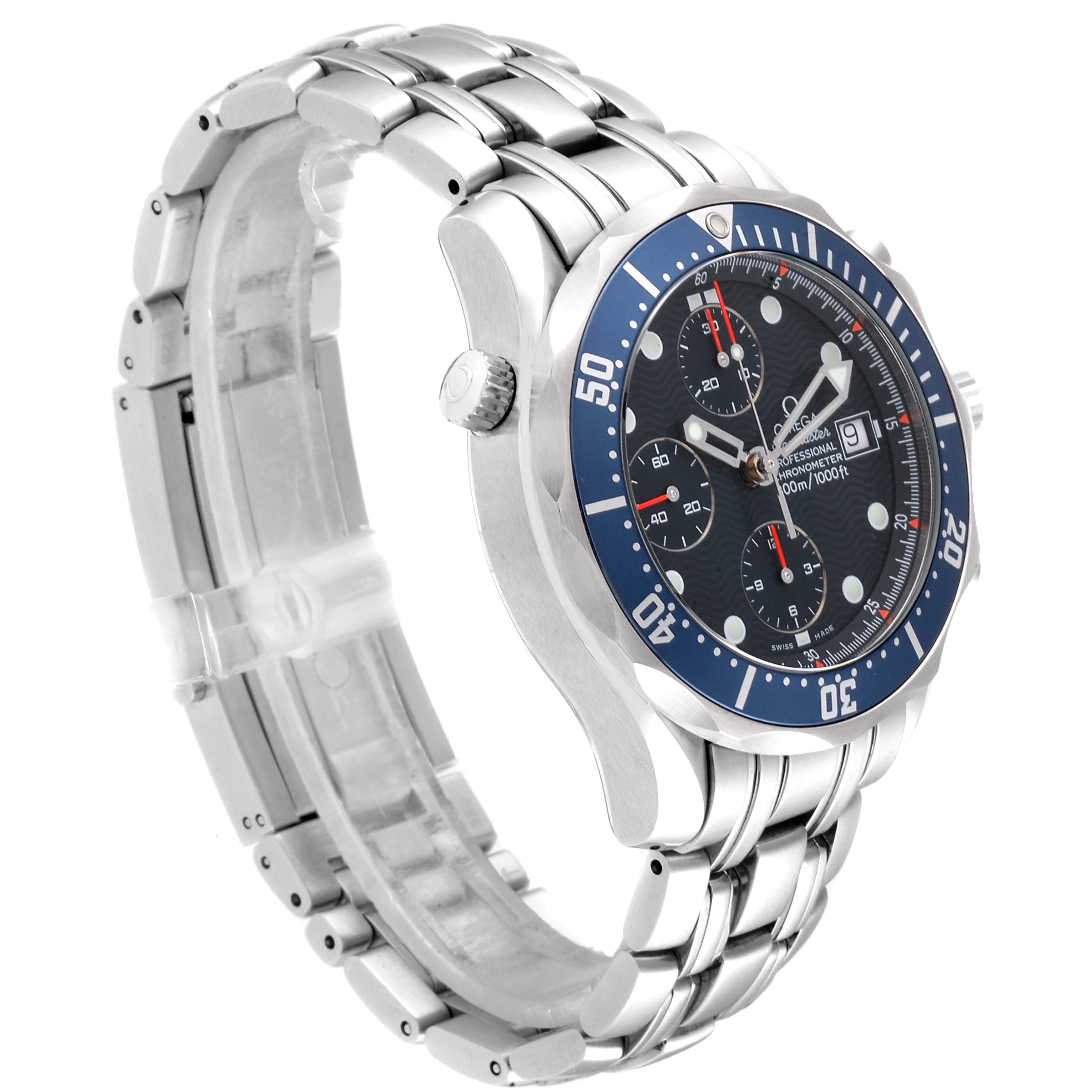The Omega Seamaster 2599.80.00 Men
s Stainless Steel Blue Dial 2599.80.00 Men
s Stainless Steel Blue Dial watch is shown at a right angle, displaying the face, bezel, bracelet, and crown.
