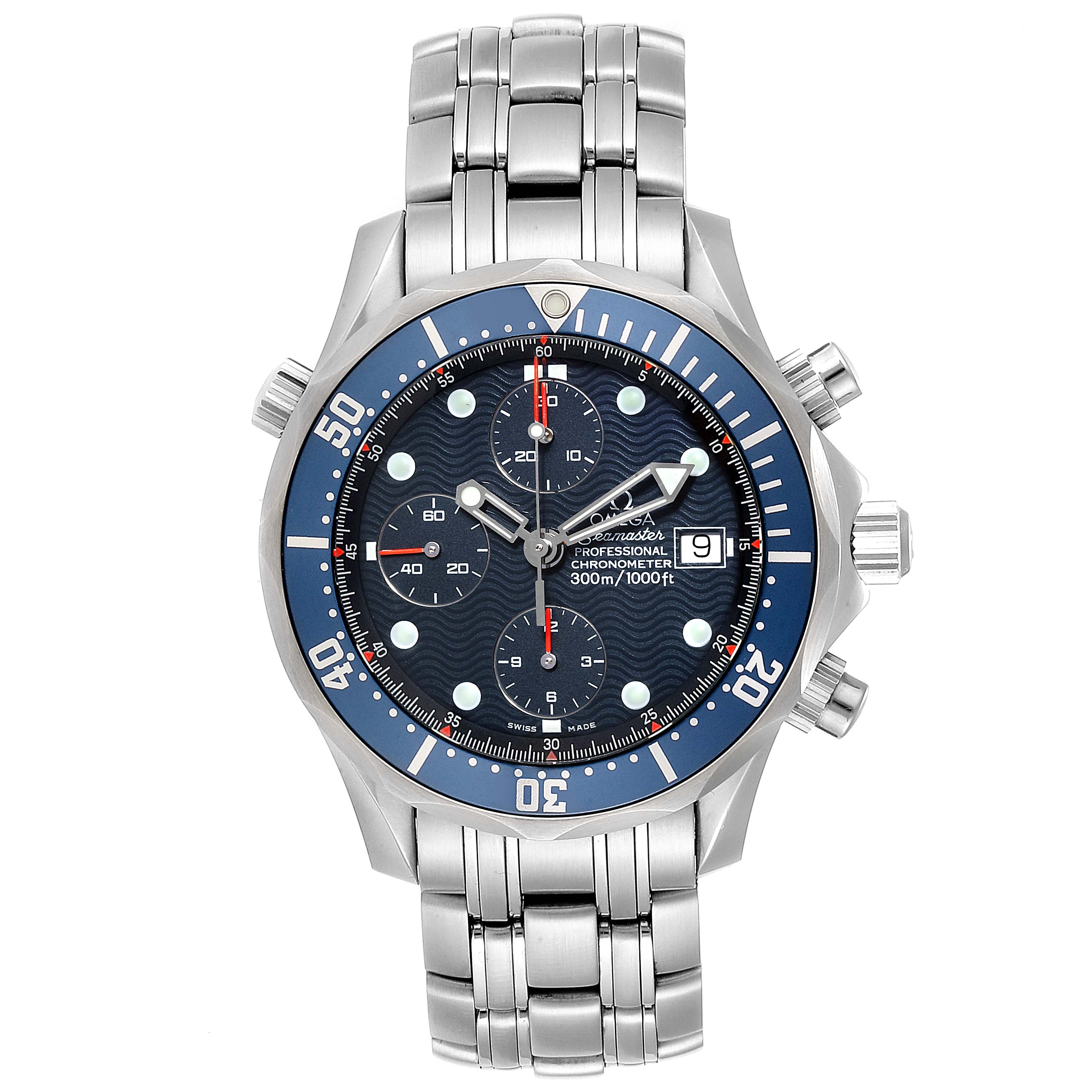 The image shows a full frontal view of an Omega Seamaster 2599.80.00 Men
s Stainless Steel Blue Dial 2599.80.00 Men
s Stainless Steel Blue Dial watch, including the dial, bezel, crown, and stainless steel bracelet.