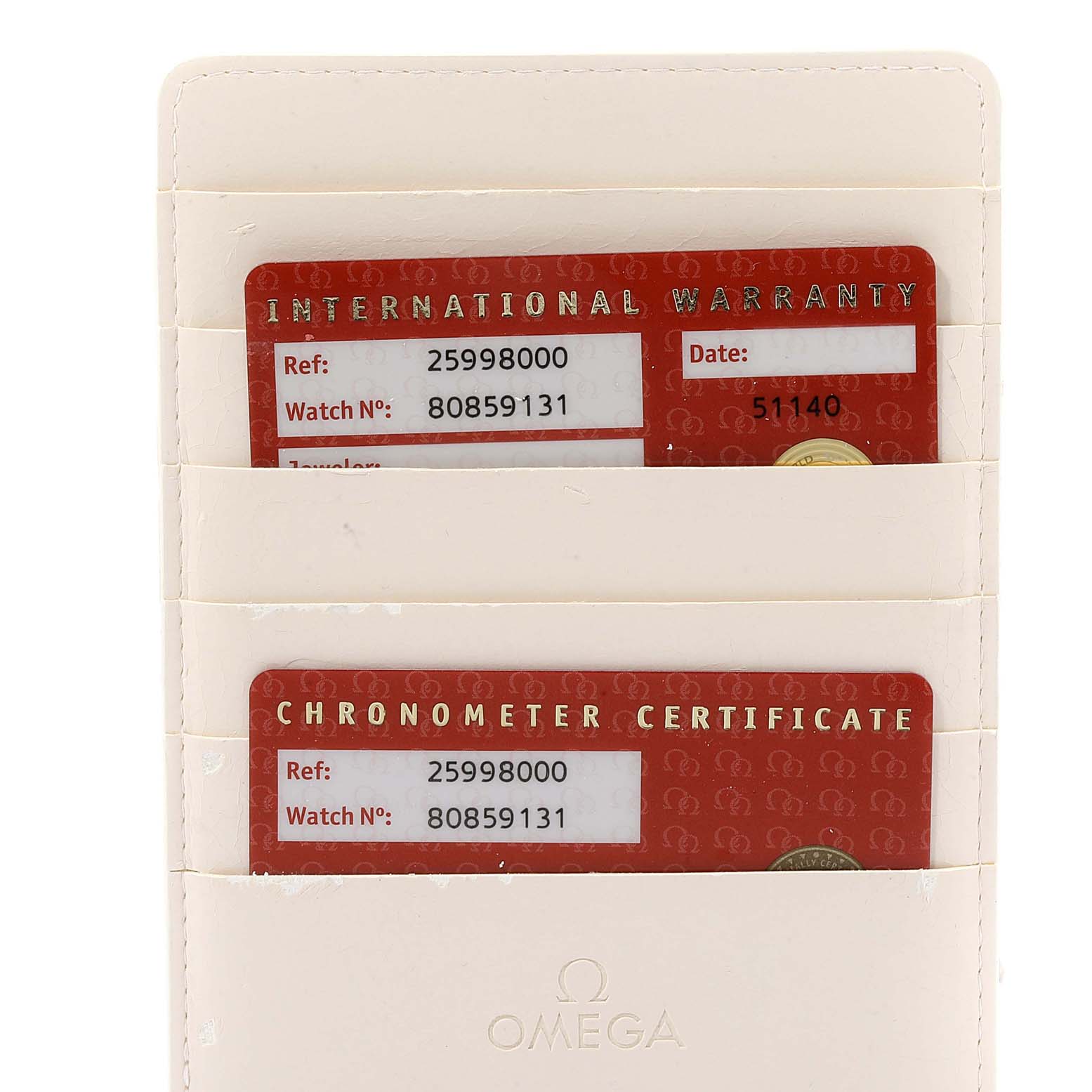 This image shows the International Warranty and Chronometer Certificate cards for the Omega Seamaster 2599.80.00 Men
s Stainless Steel Blue Dial 2599.80.00 Men
s Stainless Steel Blue Dial model.
