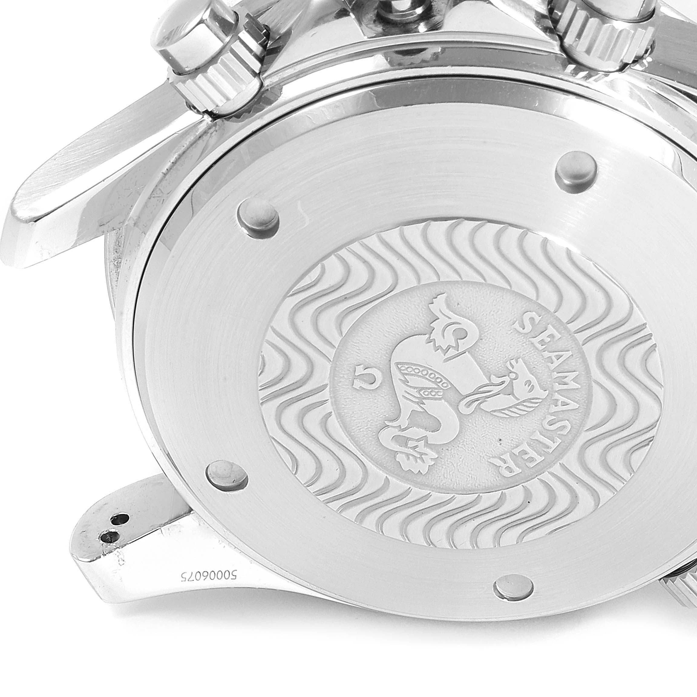 The image shows the back case of an Omega Seamaster 2599.80.00 Men
s Stainless Steel Blue Dial 2599.80.00 Men
s Stainless Steel Blue Dial watch, including its signature engraving and some side buttons.