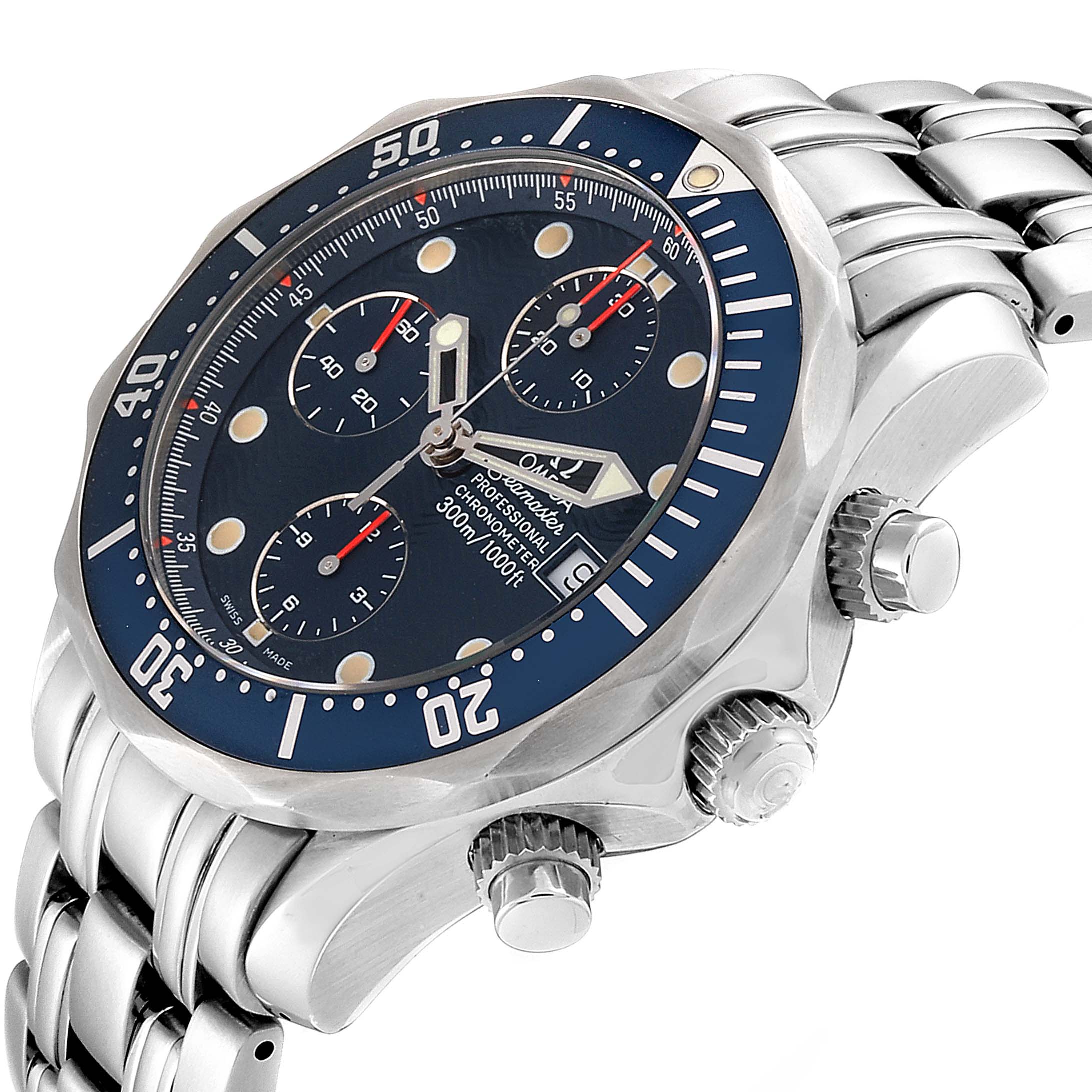 The image shows a side angle of an Omega Seamaster 2599.80.00 Men
s Stainless Steel Blue Dial 2599.80.00 Men
s Stainless Steel Blue Dial, highlighting its bezel, crown, pushers, and stainless steel bracelet.