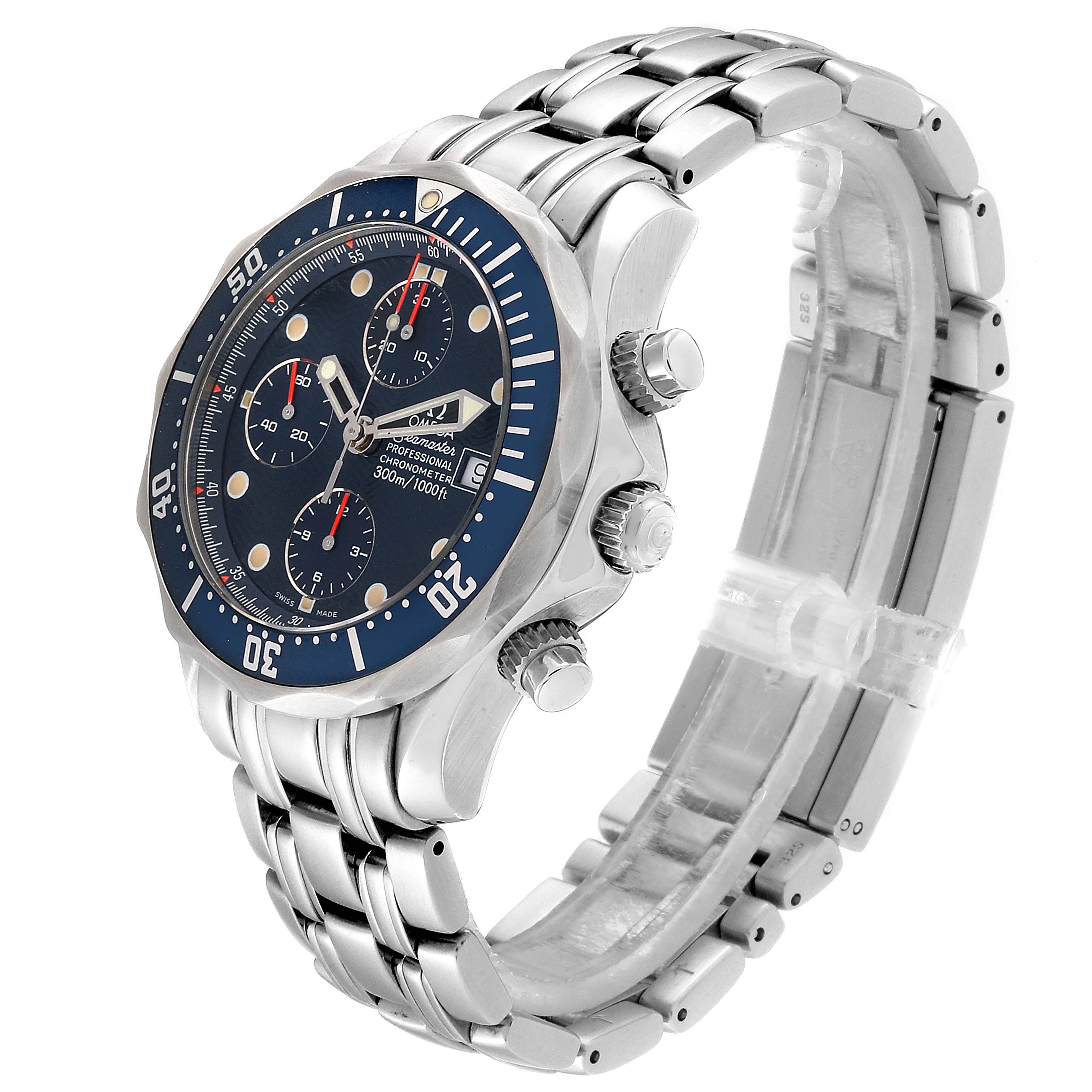 The Omega Seamaster 2599.80.00 Men
s Stainless Steel Blue Dial 2599.80.00 Men
s Stainless Steel Blue Dial watch is shown at an angle highlighting its dial, bezel, case, and stainless steel bracelet.