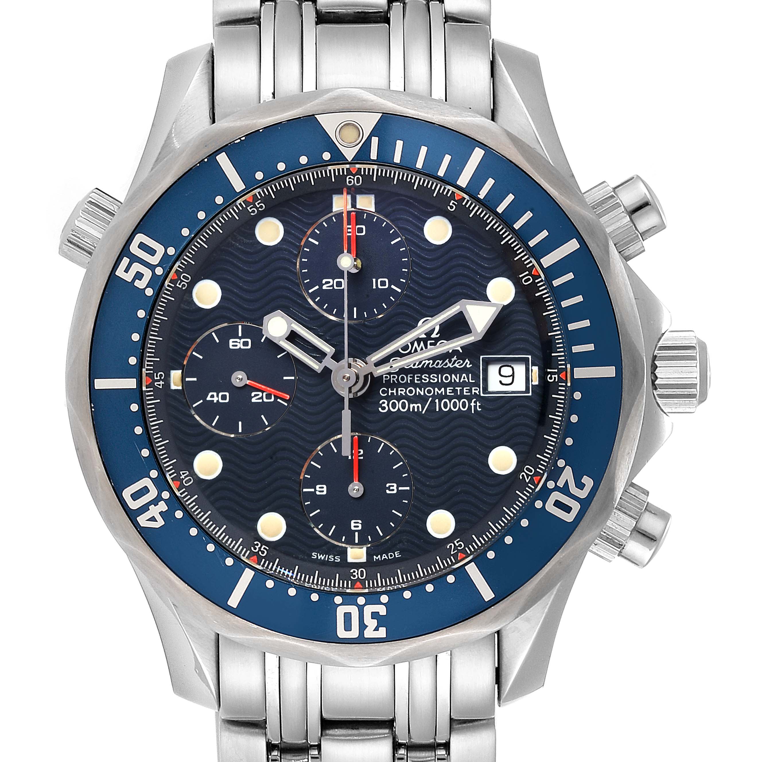 The image shows a front view of an Omega Seamaster 2599.80.00 Men
s Stainless Steel Blue Dial 2599.80.00 Men
s Stainless Steel Blue Dial watch, including the face and part of the stainless steel bracelet.