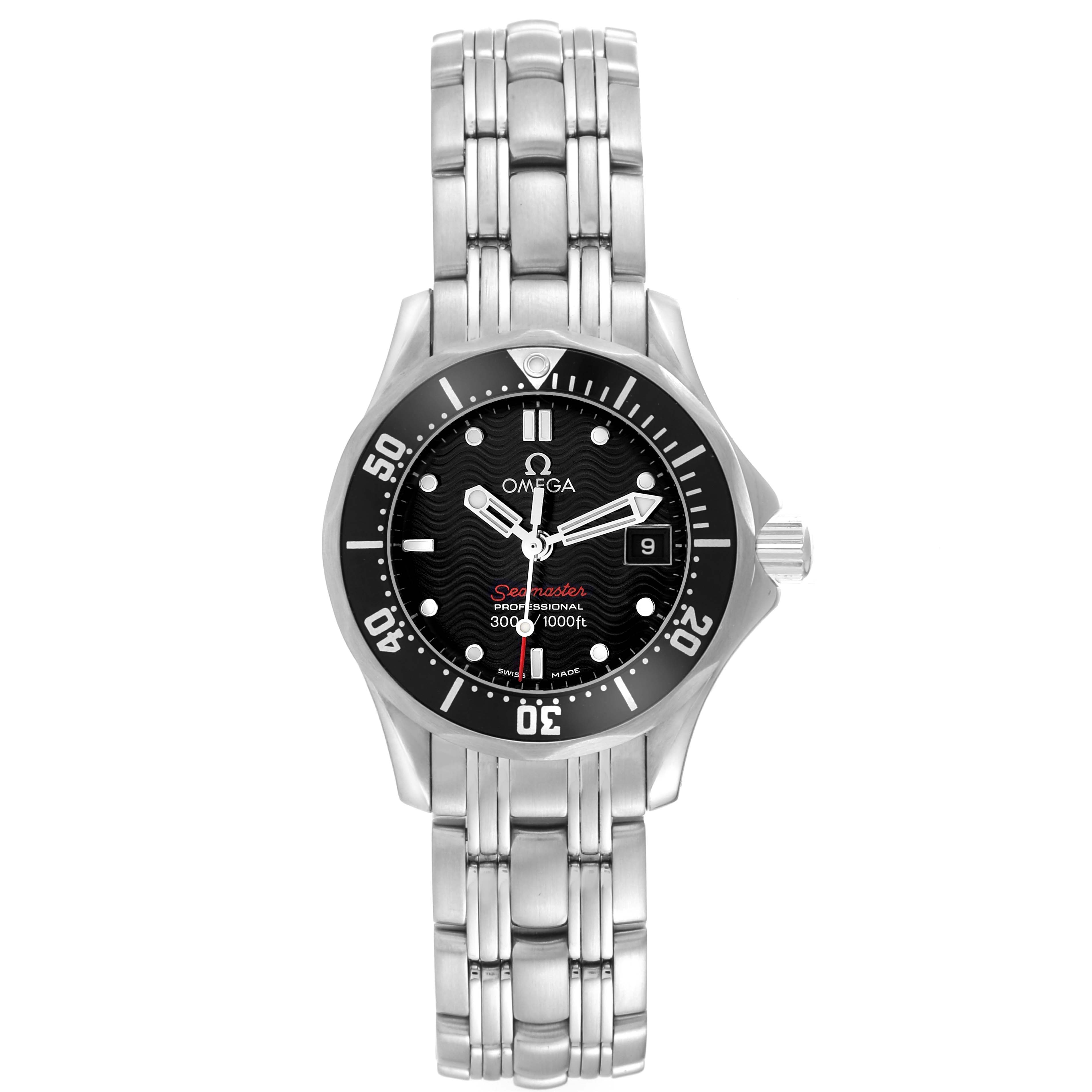 The image shows a front view of the Omega 212.30.28.61.01.001 Women's Stainless Steel Black Dial 212.30.28.61.01.001 Women's Stainless Steel Black Dial Seamaster Diver 300M 28mm Quartz Ladies Watch 212.30.28.61.01.001.