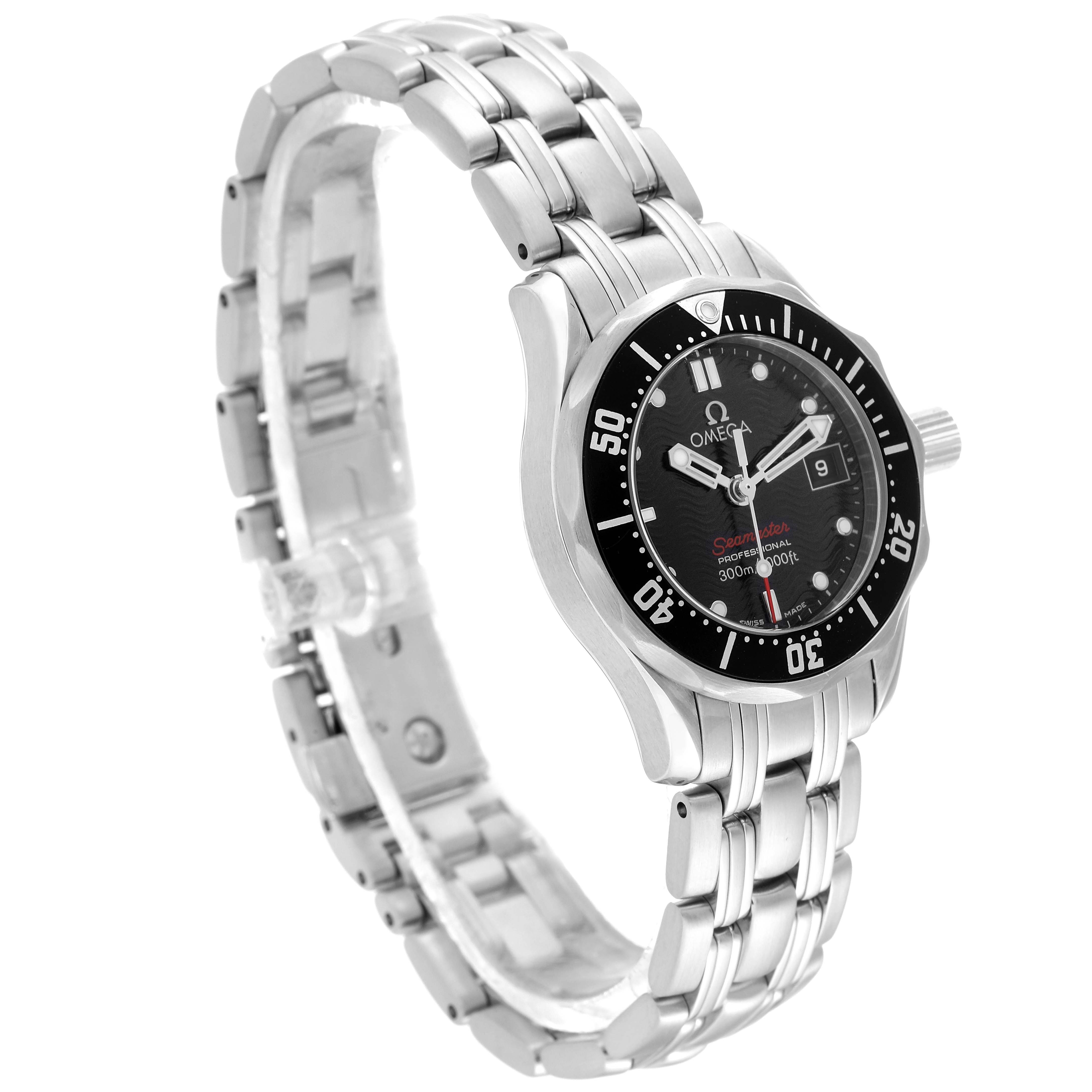 The image shows an angled view of the Omega 212.30.28.61.01.001 Women's Stainless Steel Black Dial 212.30.28.61.01.001 Women's Stainless Steel Black Dial Seamaster Diver 300M 28mm Quartz Ladies Watch 212.30.28.61.01.001, highlighting the face and bracelet.