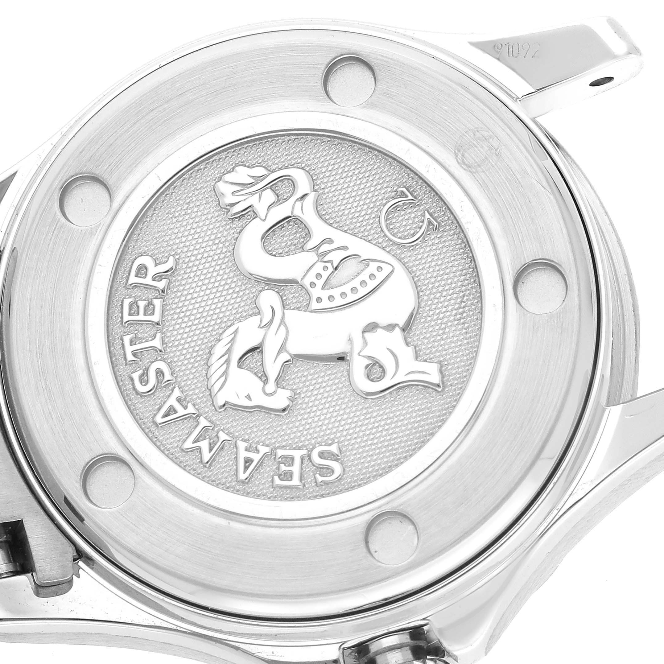 The image shows the case back of the Omega 212.30.28.61.01.001 Women's Stainless Steel Black Dial 212.30.28.61.01.001 Women's Stainless Steel Black Dial Seamaster Diver 300M 28mm Quartz Ladies Watch, model 212.30.28.61.01.001, with a Seahorse engraving.