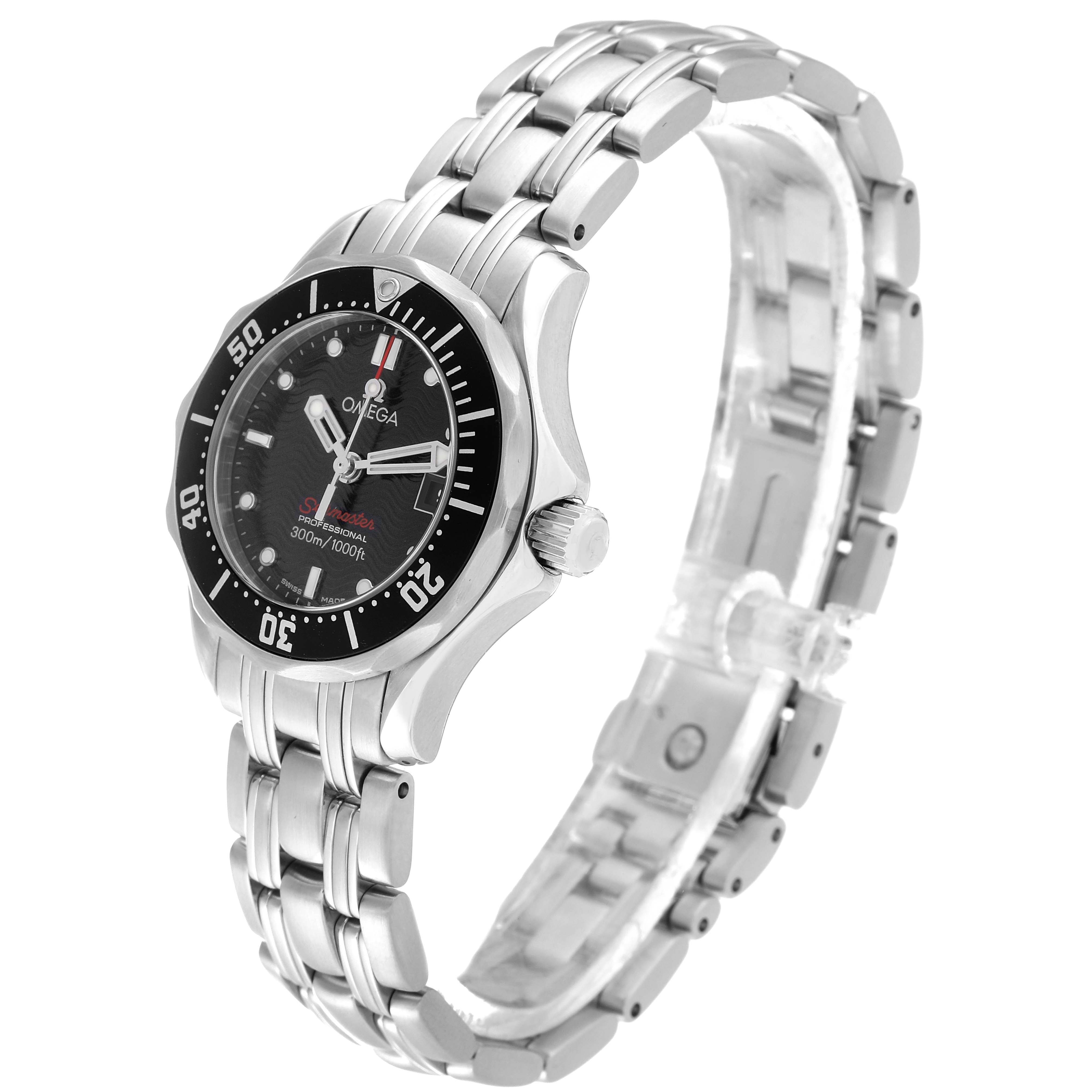 The Omega 212.30.28.61.01.001 Women's Stainless Steel Black Dial 212.30.28.61.01.001 Women's Stainless Steel Black Dial Seamaster Diver 300M 28mm Quartz Ladies Watch 212.30.28.61.01.001 is shown from an angled side view, highlighting the face, bezel, crown, and stainless steel bracelet.