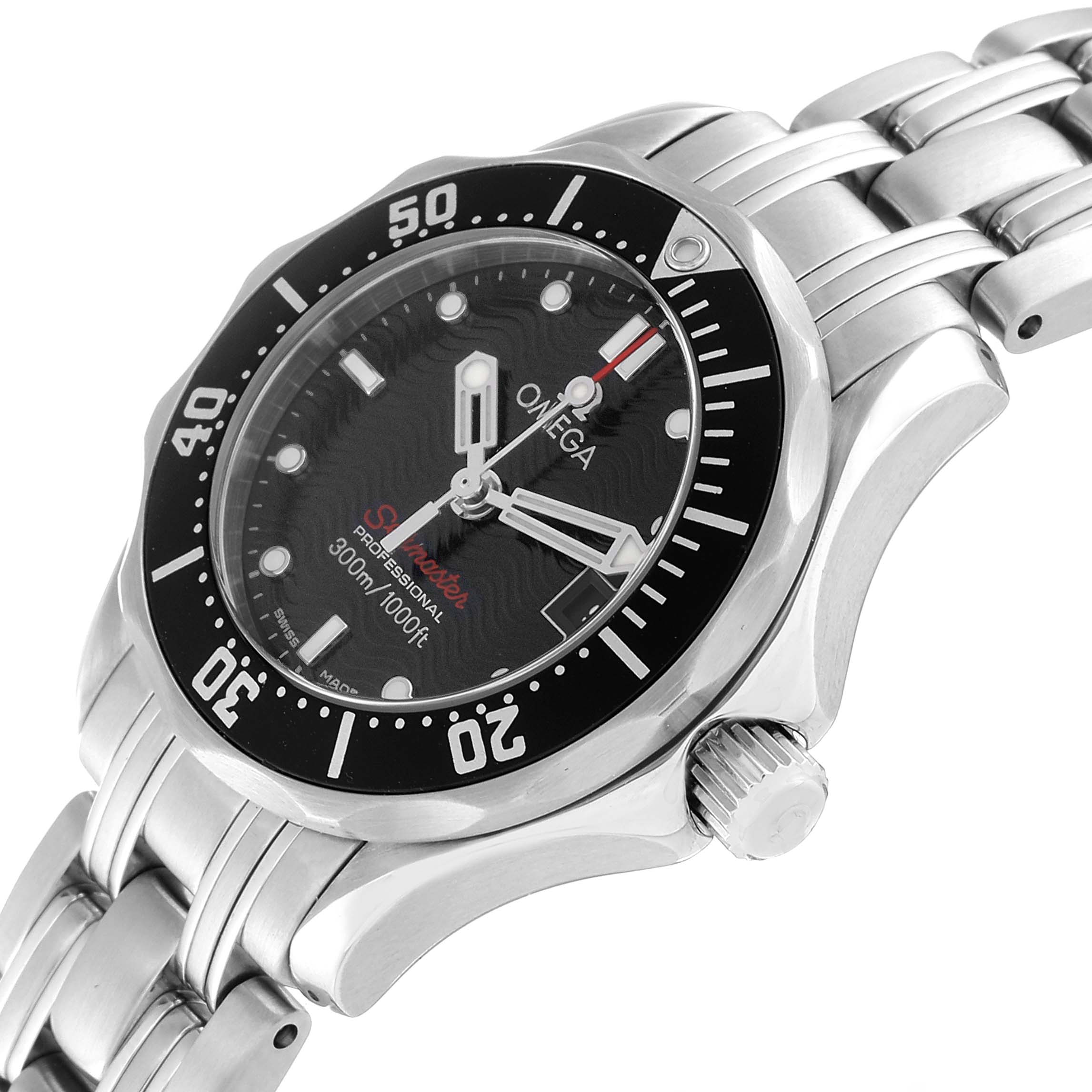 The Omega 212.30.28.61.01.001 Women's Stainless Steel Black Dial 212.30.28.61.01.001 Women's Stainless Steel Black Dial Seamaster Diver 300M 28mm Quartz Ladies Watch 212.30.28.61.01.001 is shown at an angled close-up, highlighting the dial, bezel, and part of the bracelet.