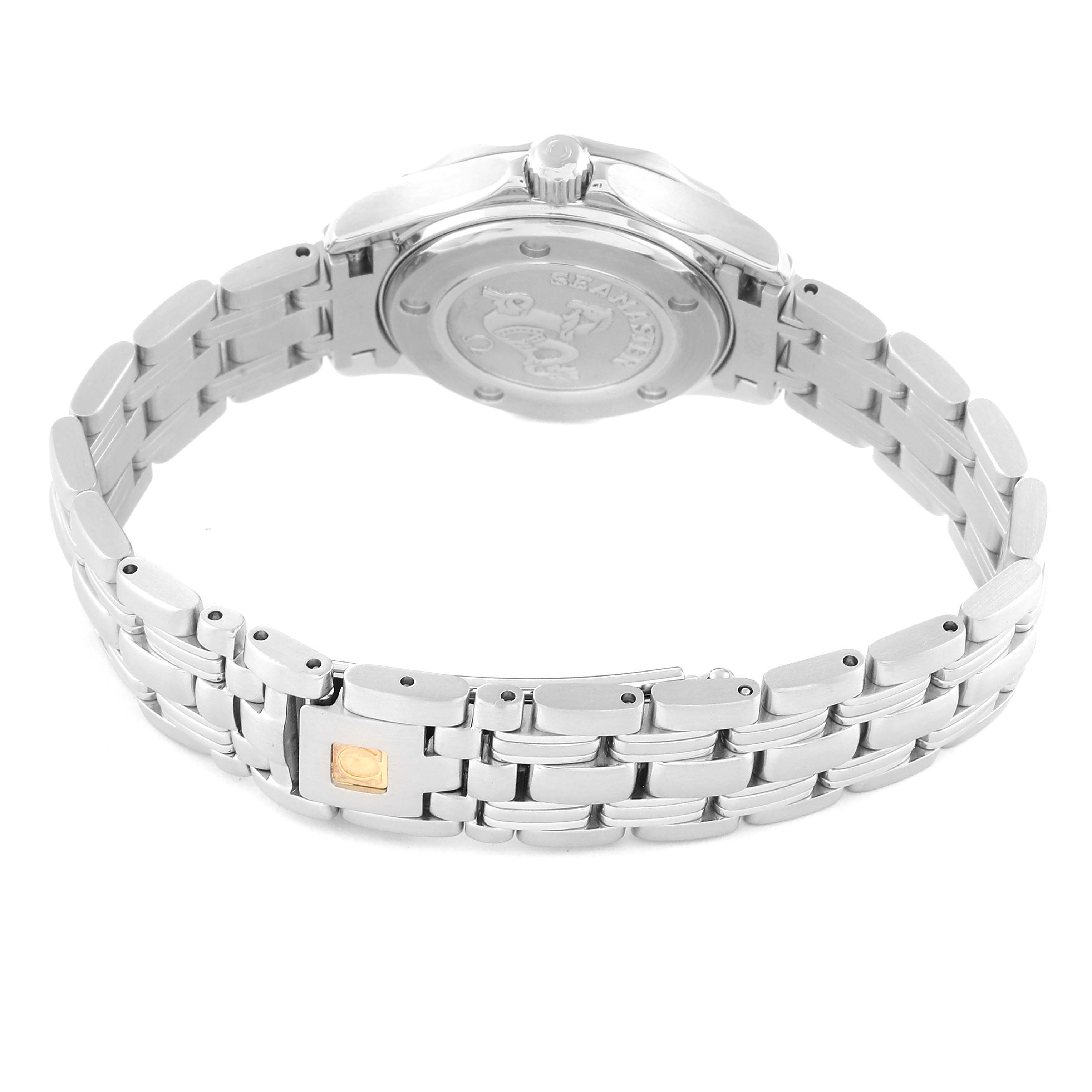 The image shows the back and bracelet of the Omega 212.30.28.61.01.001 Women's Stainless Steel Black Dial 212.30.28.61.01.001 Women's Stainless Steel Black Dial Seamaster Diver 300M 28mm Quartz Ladies Watch 212.30.28.61.01.001.