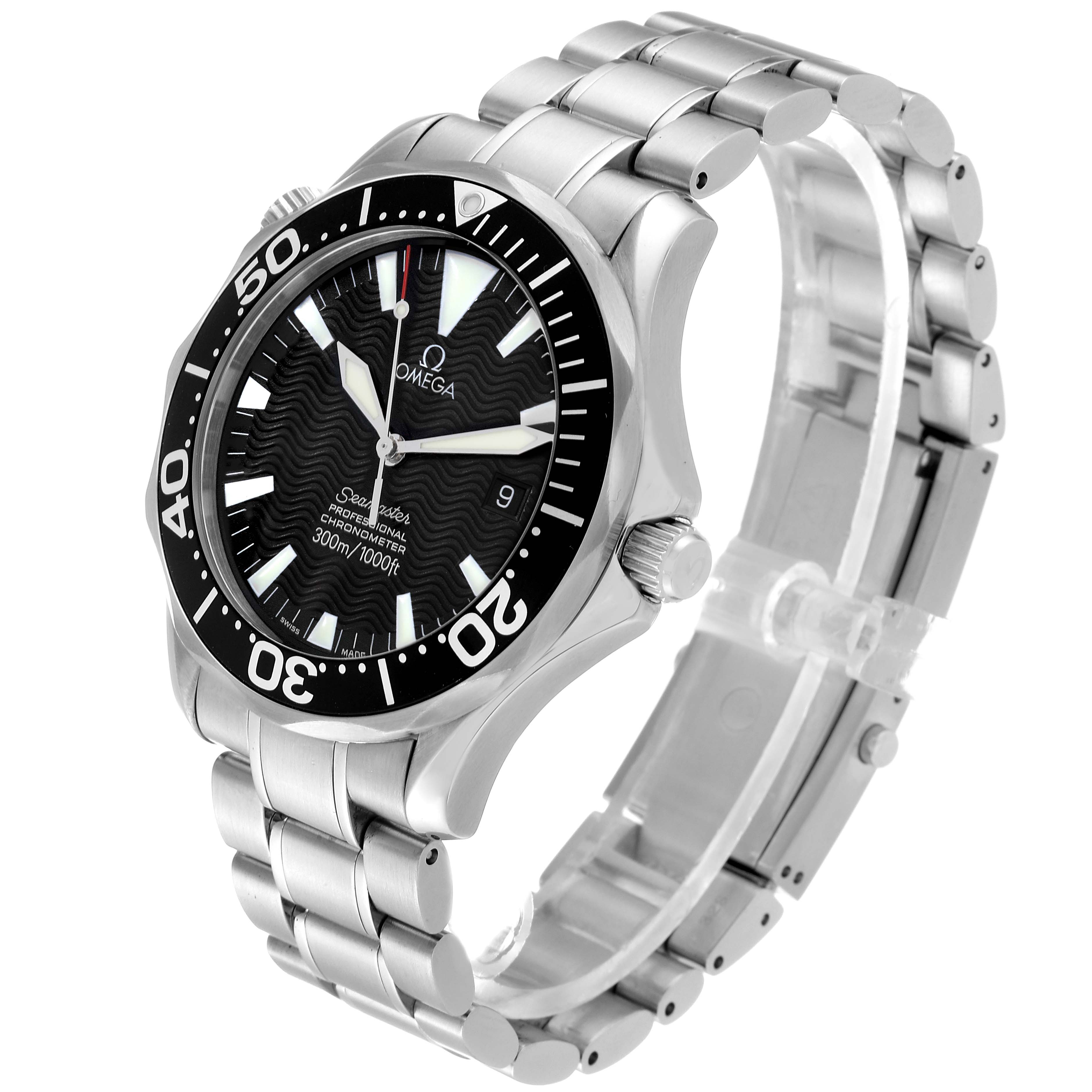 This image shows an Omega Seamaster 2254.50.00 Men
s Stainless Steel Black Dial 2254.50.00 Men
s Stainless Steel Black Dial watch at a three-quarter angle, highlighting the face, bezel, and metal bracelet.