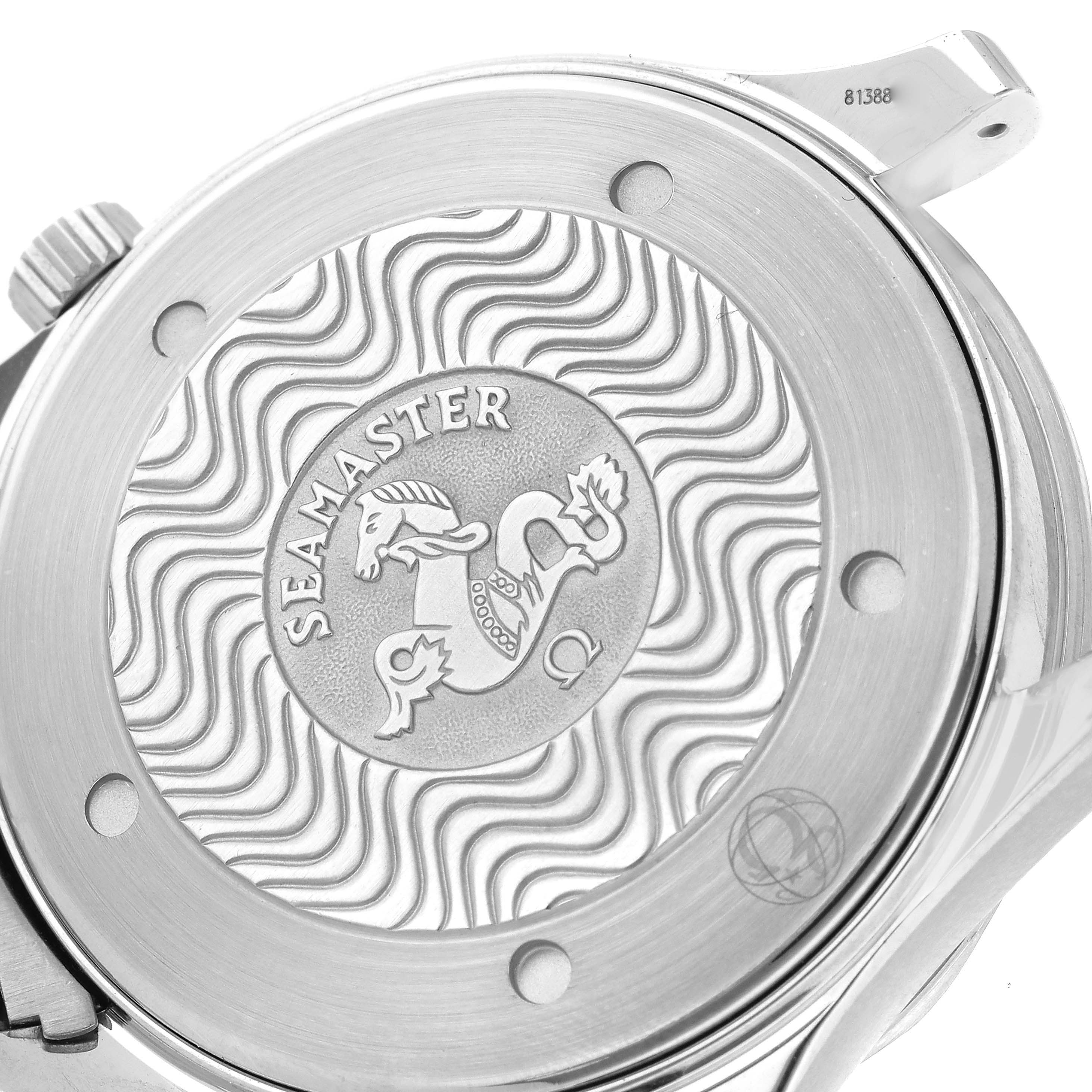 This image shows the back case of the Omega Seamaster 2254.50.00 Men
s Stainless Steel Black Dial 2254.50.00 Men
s Stainless Steel Black Dial watch with its distinctive wave design and logo.