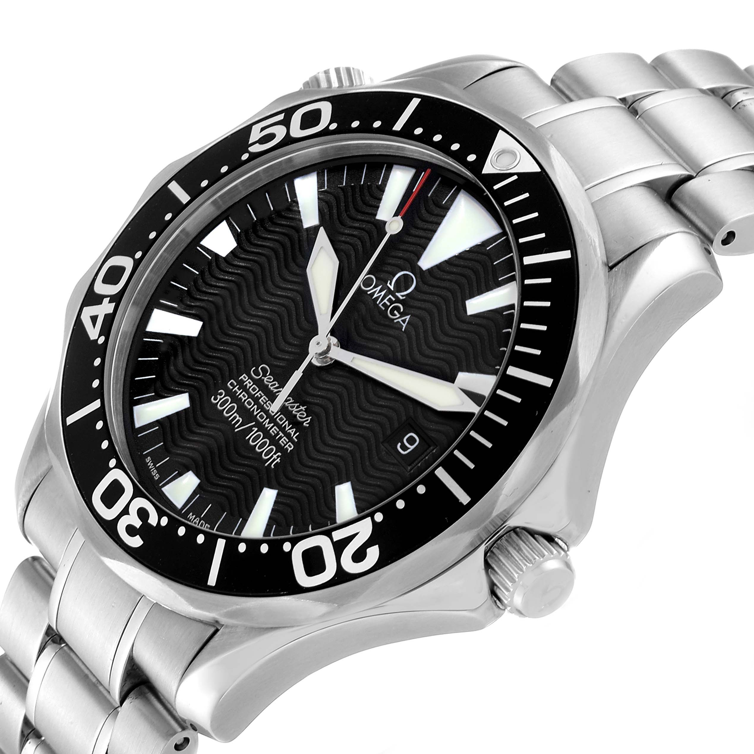 The image shows a close-up angle of the Omega Seamaster 2254.50.00 Men
s Stainless Steel Black Dial 2254.50.00 Men
s Stainless Steel Black Dial watch featuring its dial, bezel, crown, and bracelet.