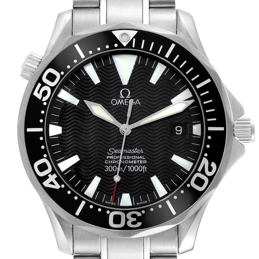 The image shows a front view of the Omega Seamaster watch, highlighting its black dial, bezel, and silver bracelet.