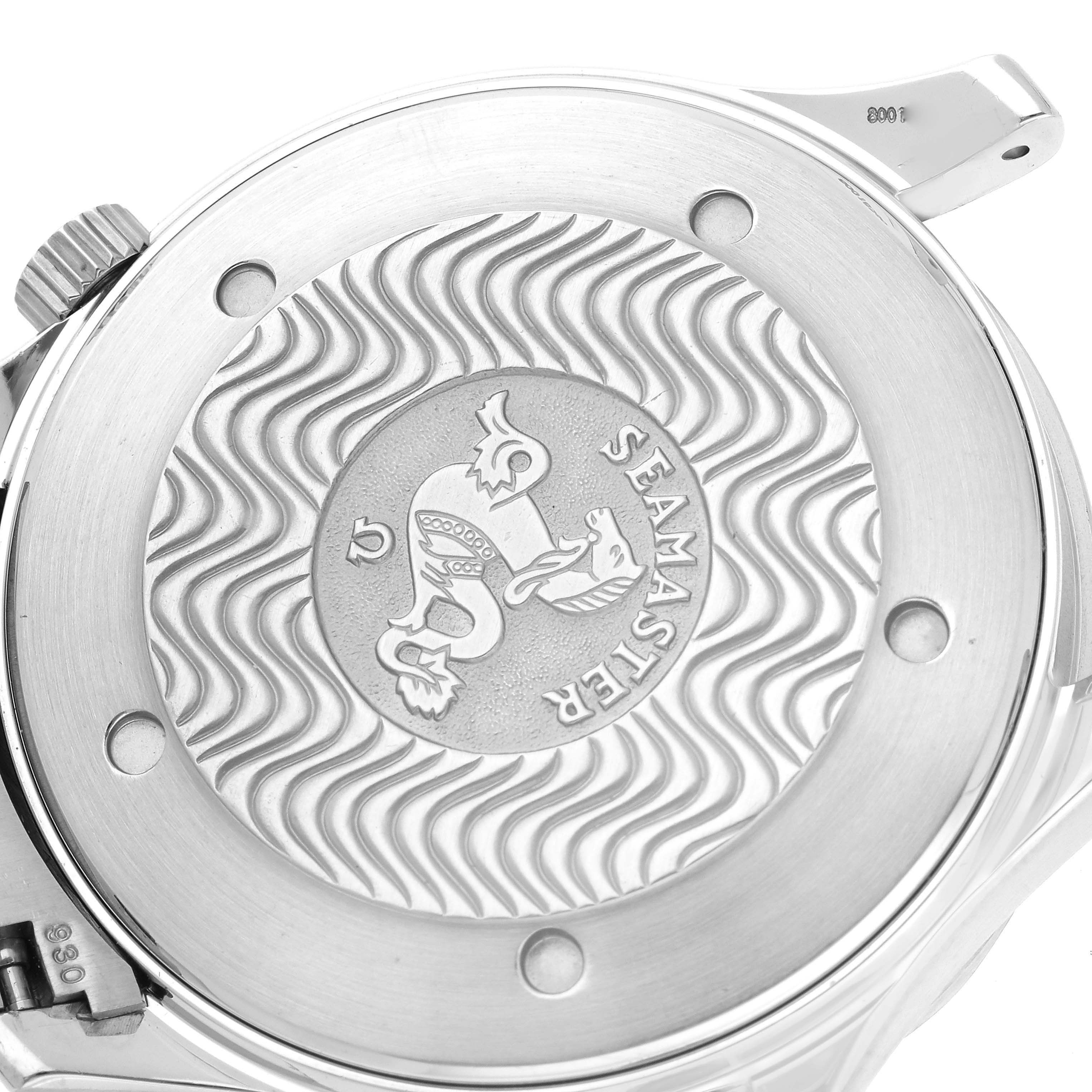 The image shows the back case of an Omega Seamaster 2254.50.00 Men
s Stainless Steel Black Dial 2254.50.00 Men
s Stainless Steel Black Dial watch, featuring its engraved logo and surrounding wave pattern.