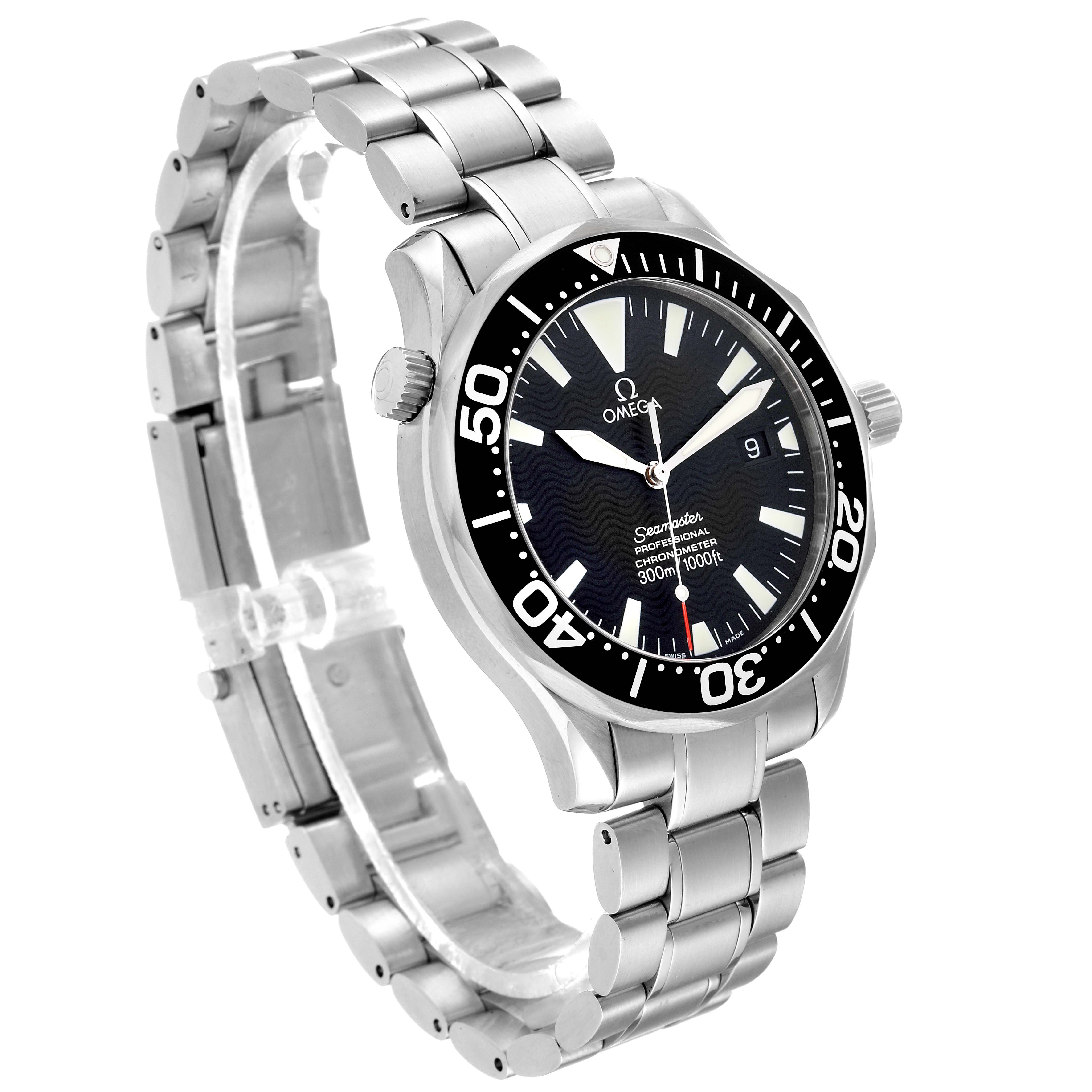 The Omega Seamaster 2254.50.00 Men
s Stainless Steel Black Dial 2254.50.00 Men
s Stainless Steel Black Dial watch is shown at an oblique angle, highlighting the face, bezel, case, and metal bracelet.