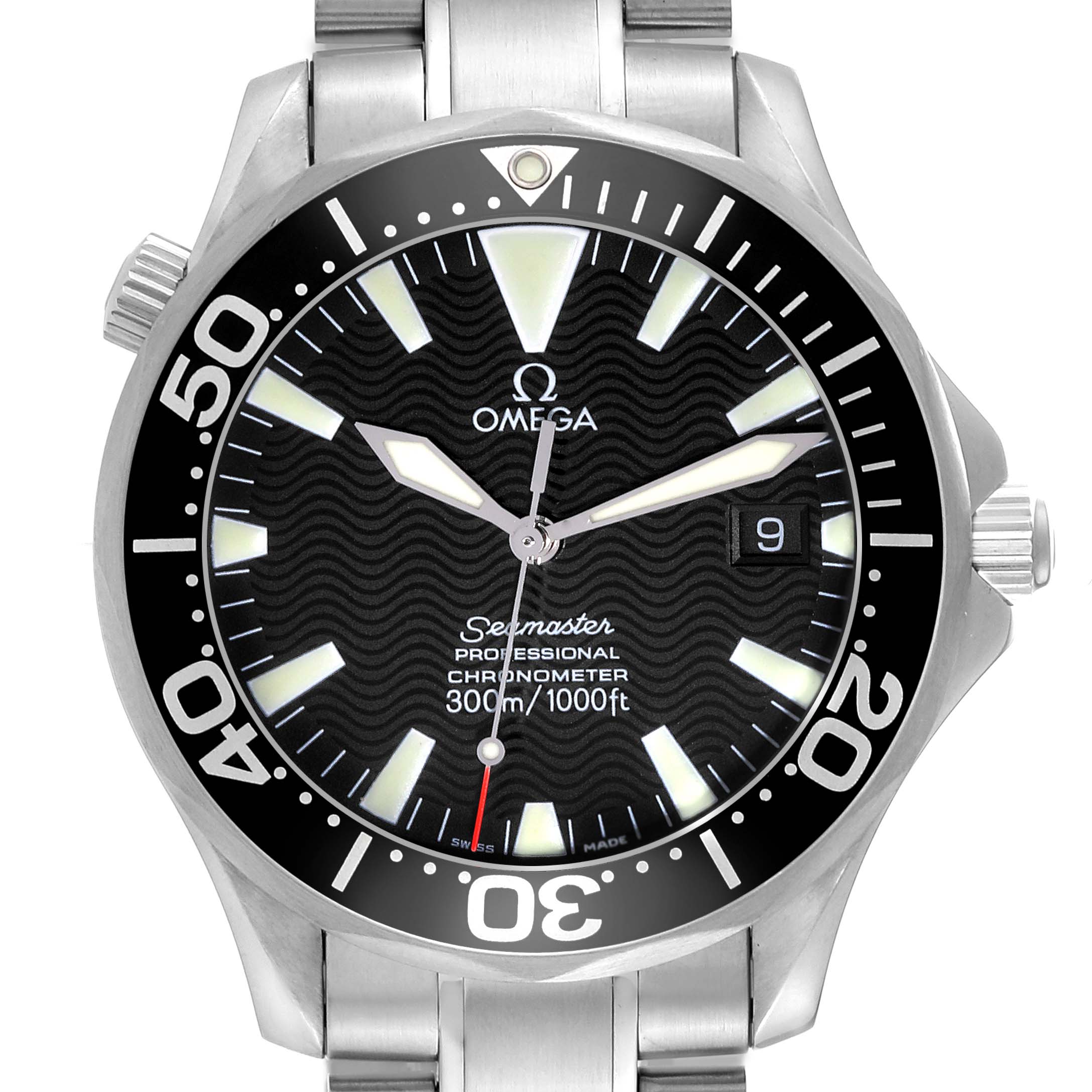 This image shows a front-centered view of the Omega Seamaster 2254.50.00 Men
s Stainless Steel Black Dial 2254.50.00 Men
s Stainless Steel Black Dial watch, highlighting its dial, bezel, and stainless steel bracelet.