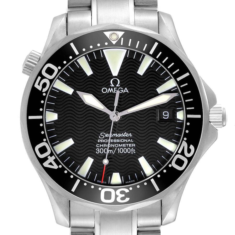 This image shows a front-centered view of the Omega Seamaster watch, highlighting its dial, bezel, and stainless steel bracelet.