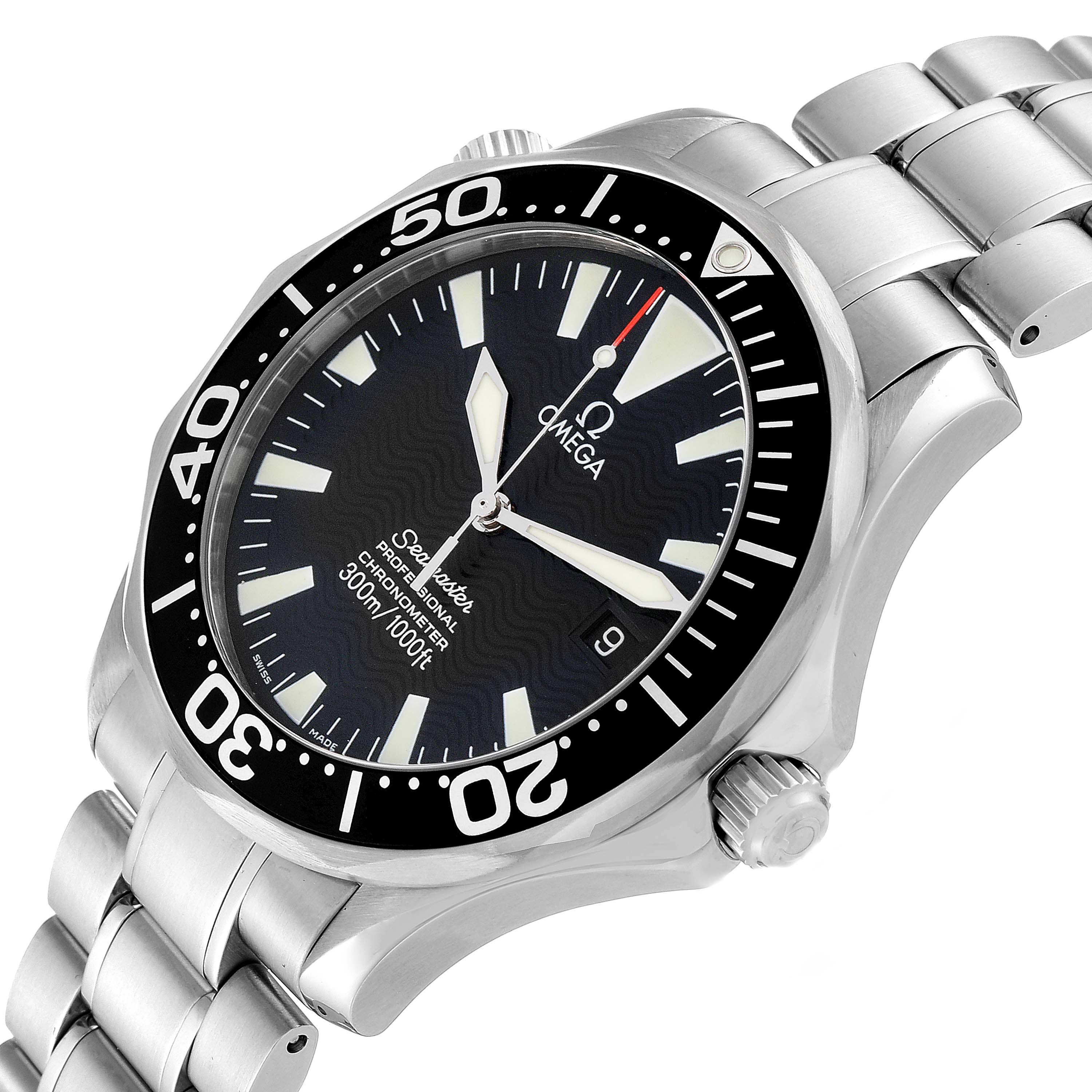 The image shows an Omega Seamaster 2254.50.00 Men
s Stainless Steel Black Dial 2254.50.00 Men
s Stainless Steel Black Dial watch at an angled close-up of the face and part of the stainless steel bracelet.