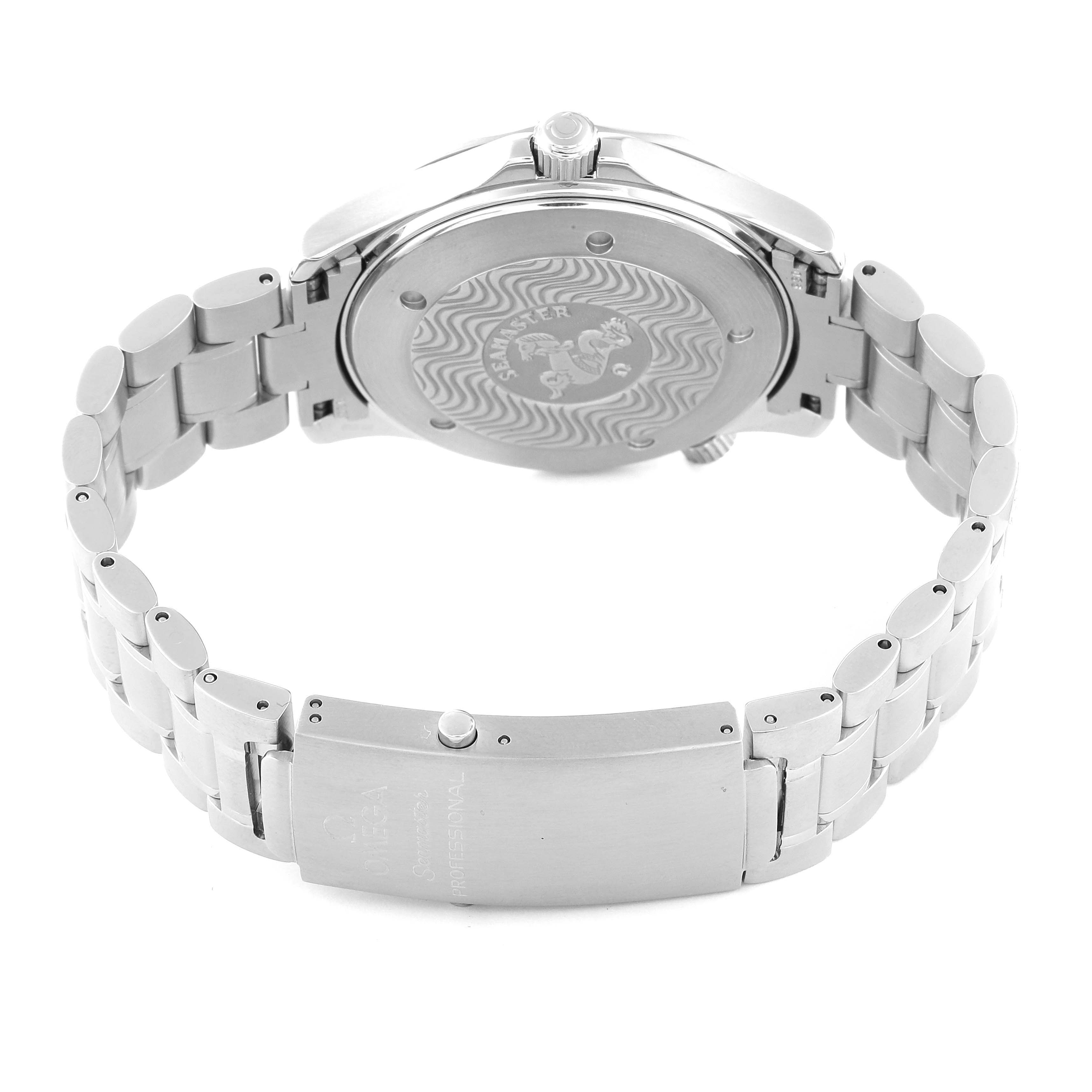 The image shows the back and bracelet of the Omega Seamaster 2254.50.00 Men
s Stainless Steel Black Dial 2254.50.00 Men
s Stainless Steel Black Dial watch at a slightly low angle.