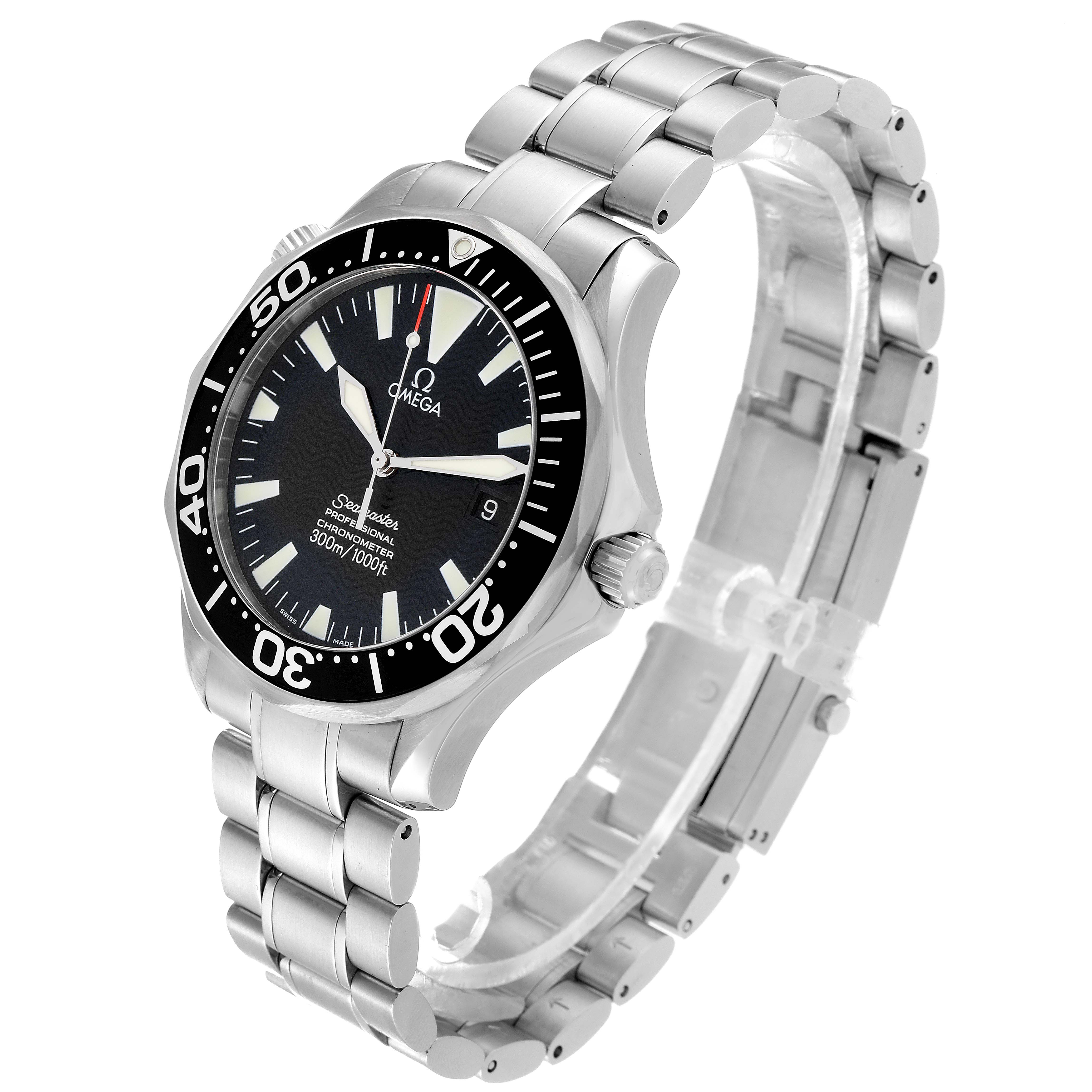 The image shows an Omega Seamaster 2254.50.00 Men
s Stainless Steel Black Dial 2254.50.00 Men
s Stainless Steel Black Dial watch at a side angle, highlighting the face, bezel, crown, and metal bracelet band.