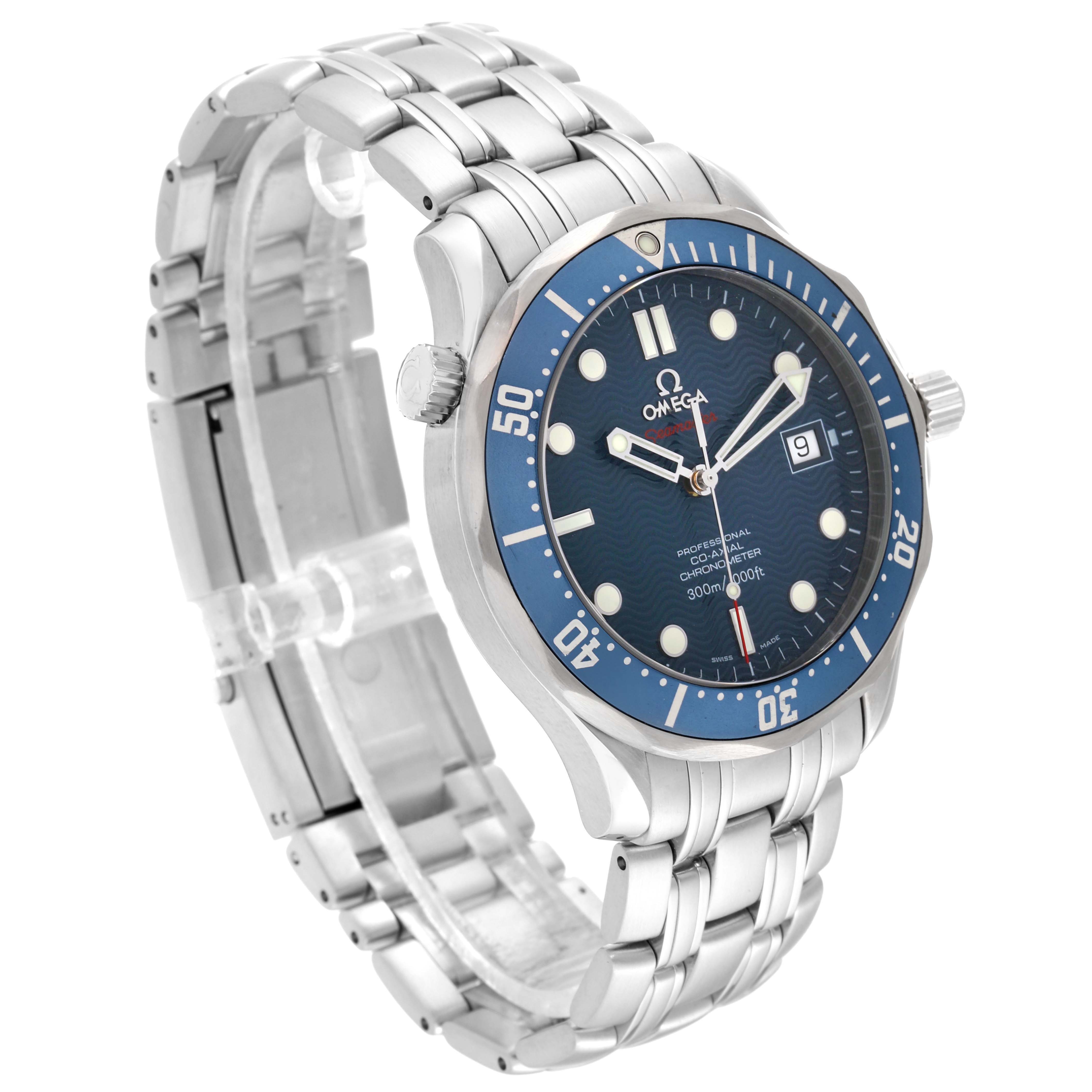 The Omega Seamaster 2220.80.00 Men's Stainless Steel Blue Dial 2220.80.00 Men's Stainless Steel Blue Dial watch is shown at an angle highlighting its face, bezel, crown, and stainless steel bracelet.