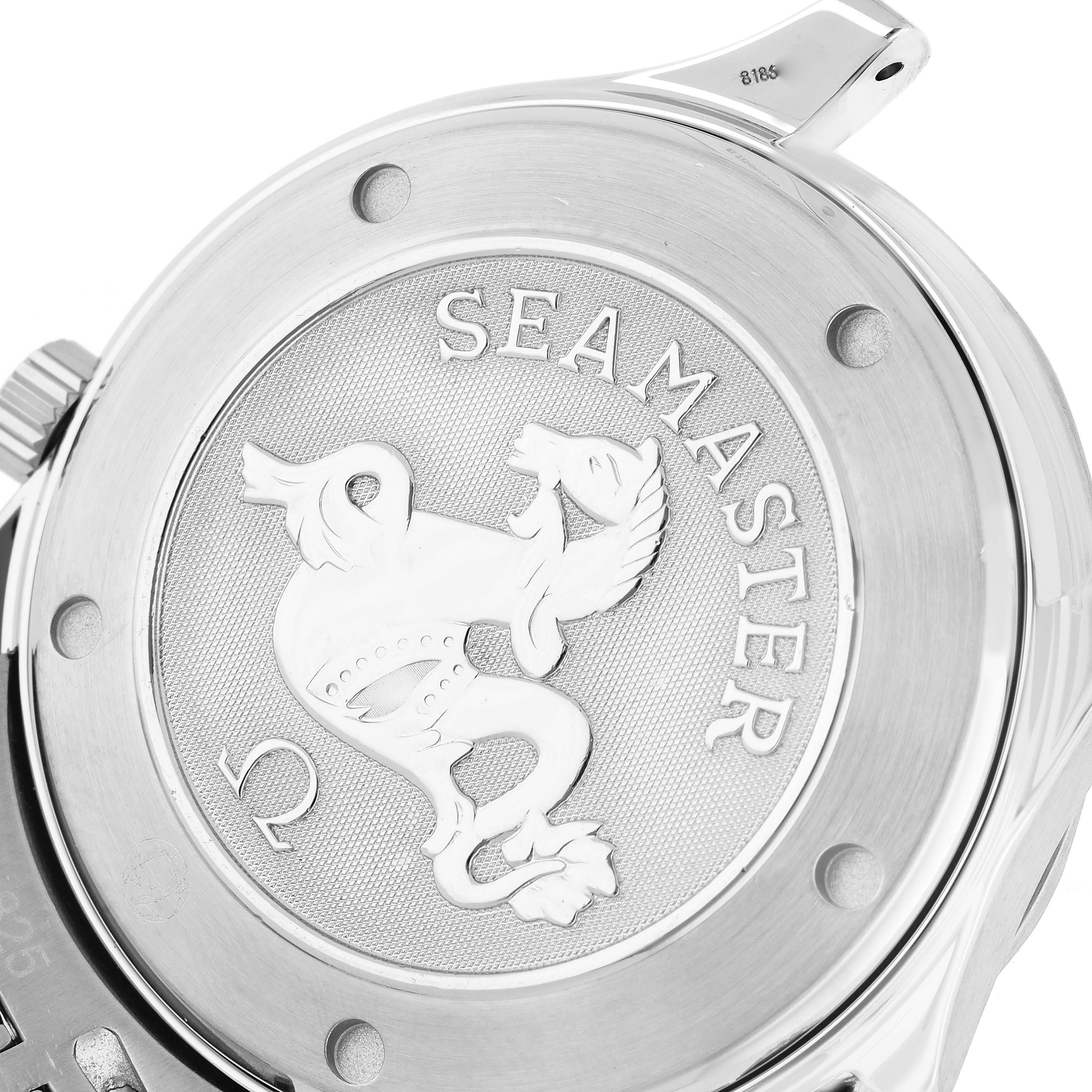 This image shows the back case of the Omega Seamaster 2220.80.00 Men's Stainless Steel Blue Dial 2220.80.00 Men's Stainless Steel Blue Dial watch, highlighting the engraved emblem and model name.