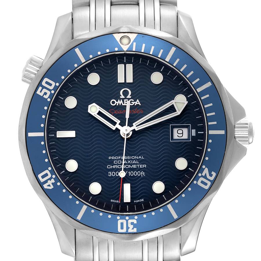 The image shows the front view of an Omega Seamaster watch, displaying its dial, bezel, and part of the metal bracelet.