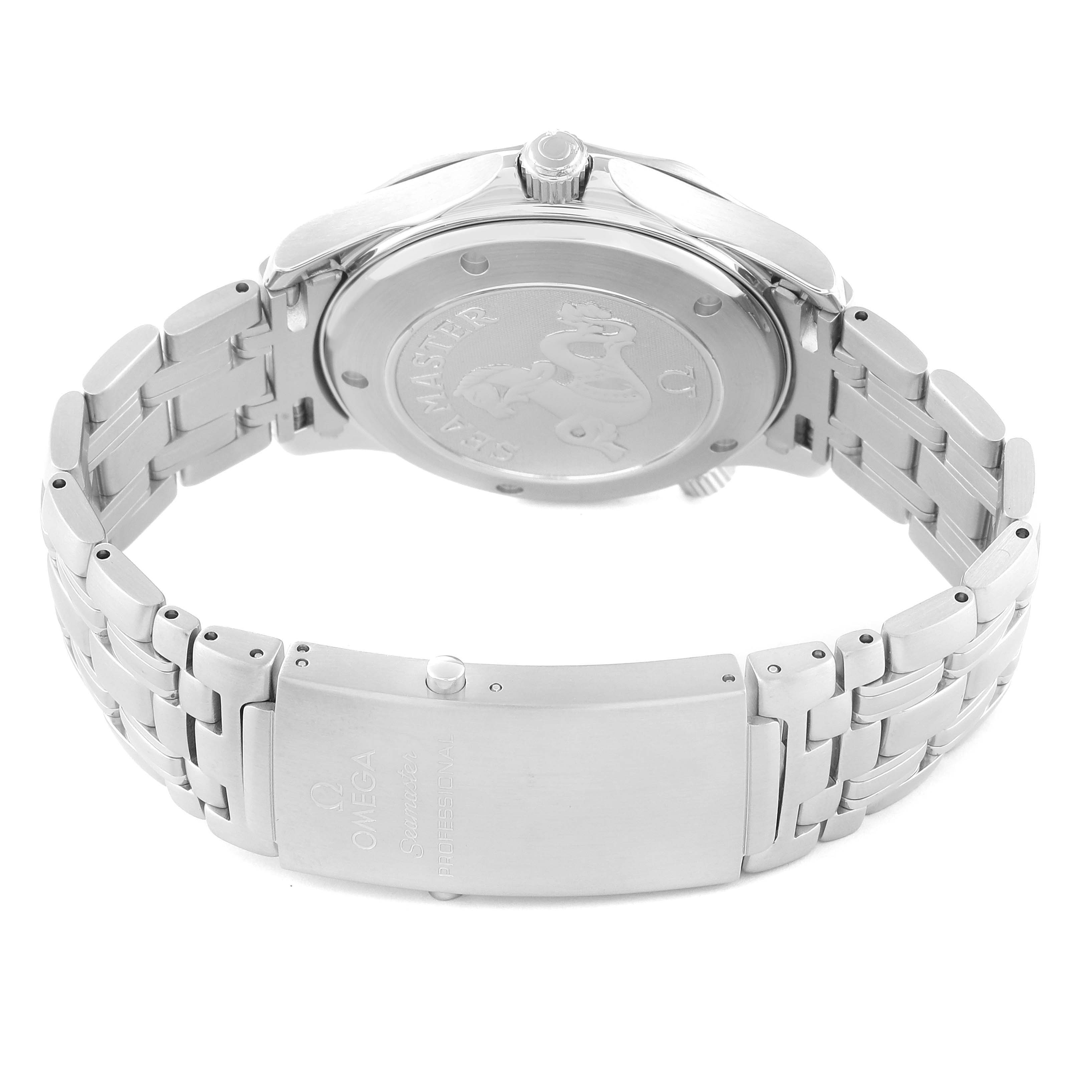 This image shows the back case and bracelet of an Omega Seamaster 2220.80.00 Men's Stainless Steel Blue Dial 2220.80.00 Men's Stainless Steel Blue Dial watch from a low-angle view.