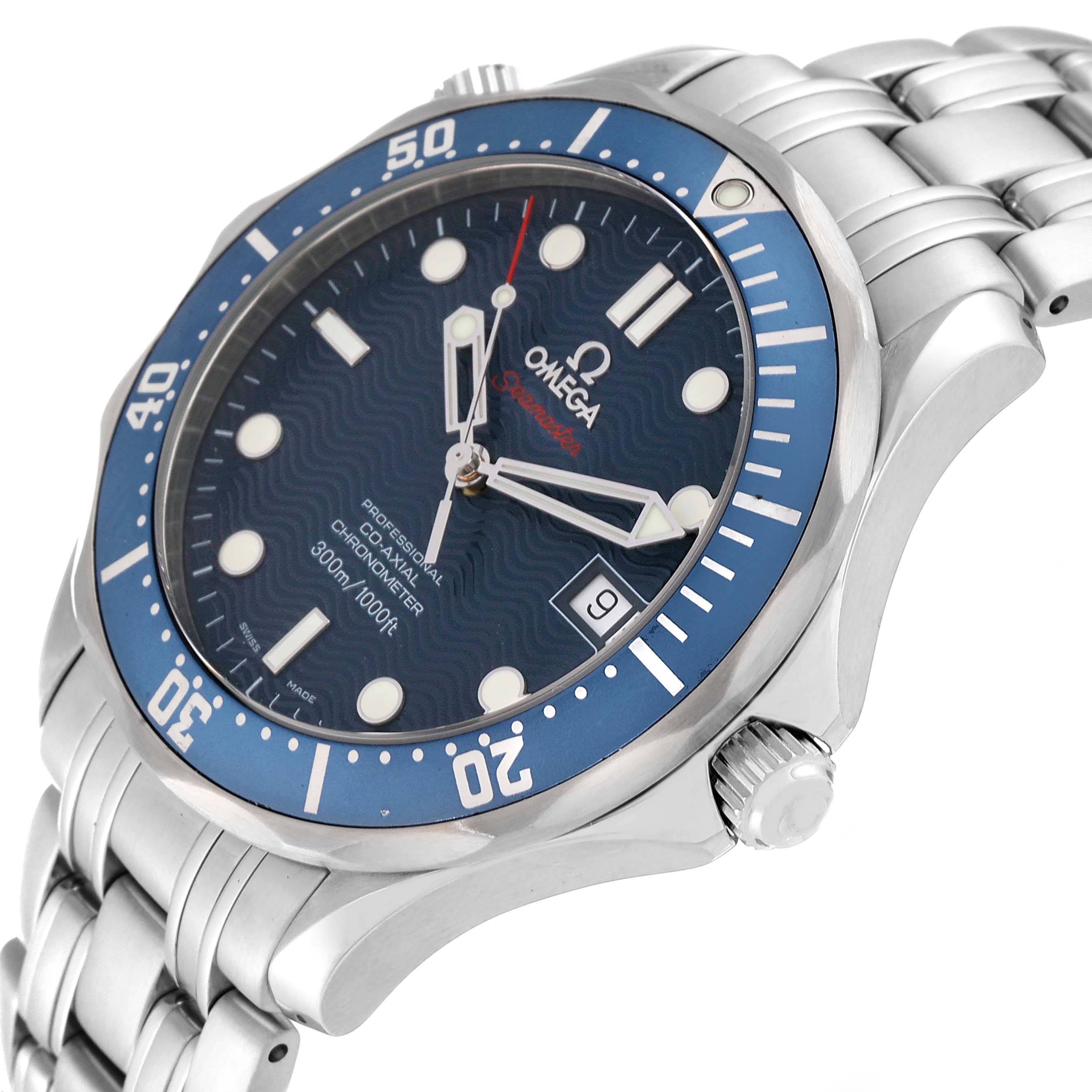 The image shows a close-up of an Omega Seamaster 2220.80.00 Men's Stainless Steel Blue Dial 2220.80.00 Men's Stainless Steel Blue Dial watch, focusing on the dial, bezel, crown, and bracelet from an angled side view.