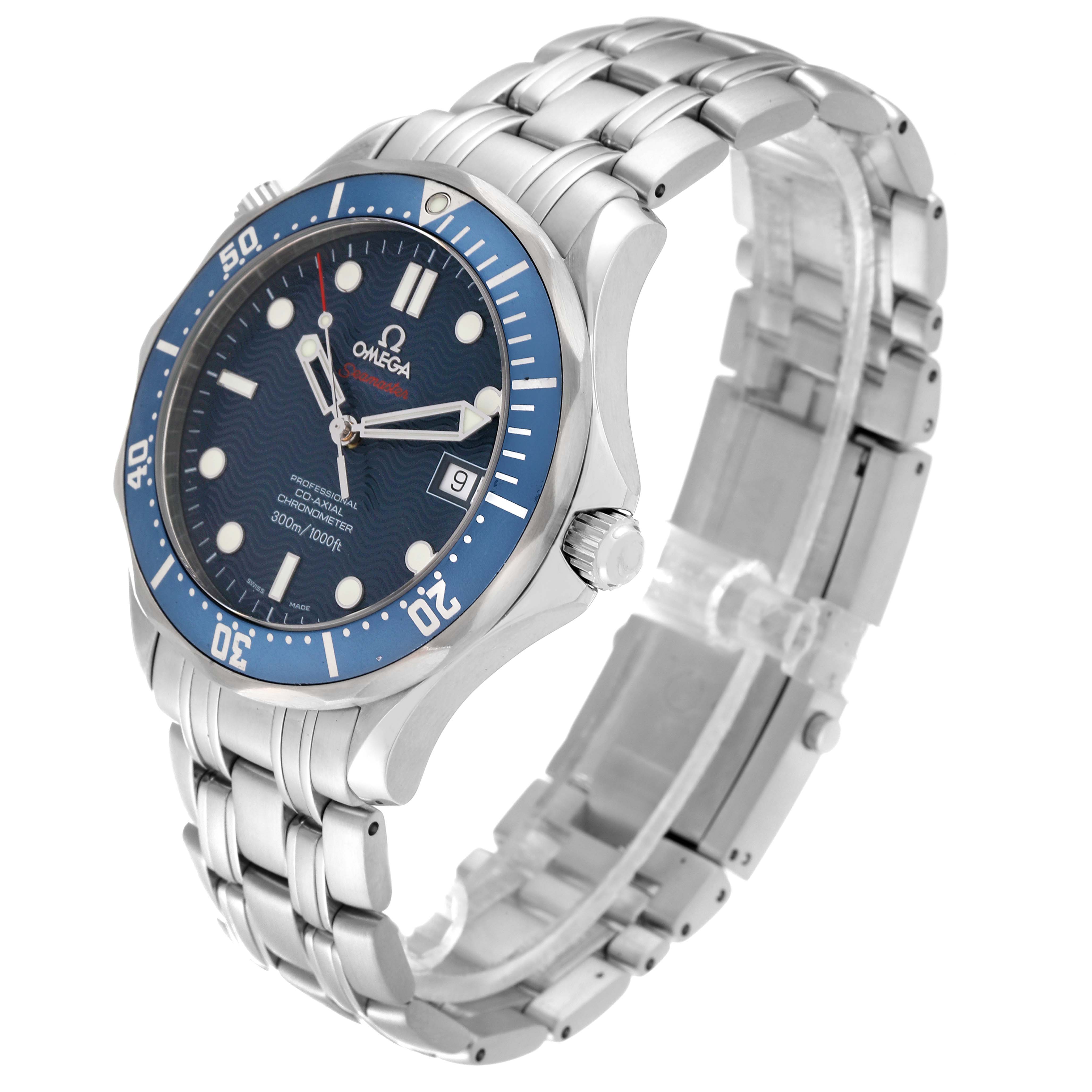 The Omega Seamaster 2220.80.00 Men's Stainless Steel Blue Dial 2220.80.00 Men's Stainless Steel Blue Dial watch is shown at a slight angle, displaying the face, bezel, and stainless steel bracelet.