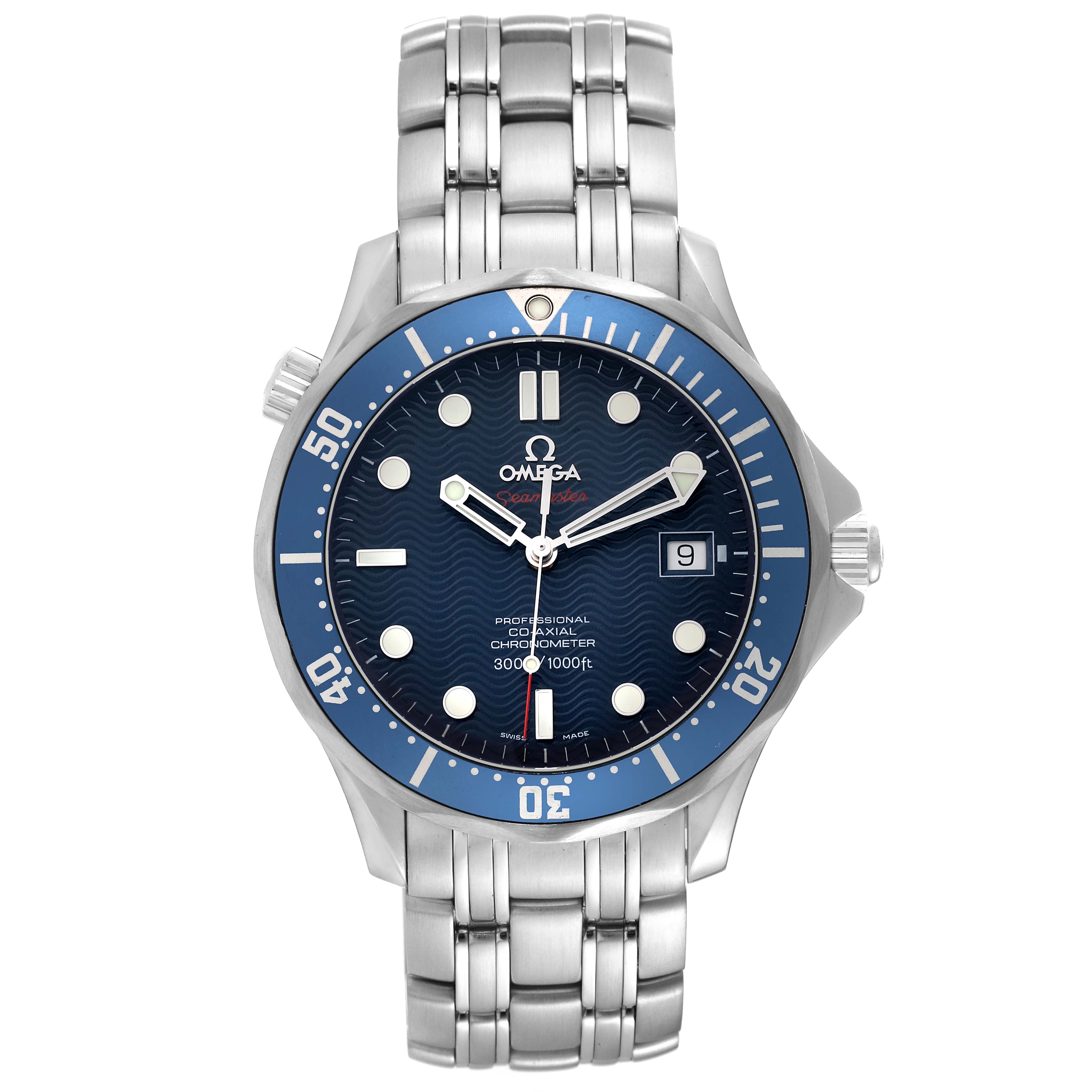 The image shows a front view of an Omega Seamaster 2220.80.00 Men's Stainless Steel Blue Dial 2220.80.00 Men's Stainless Steel Blue Dial watch, displaying the dial, bezel, and stainless steel bracelet.