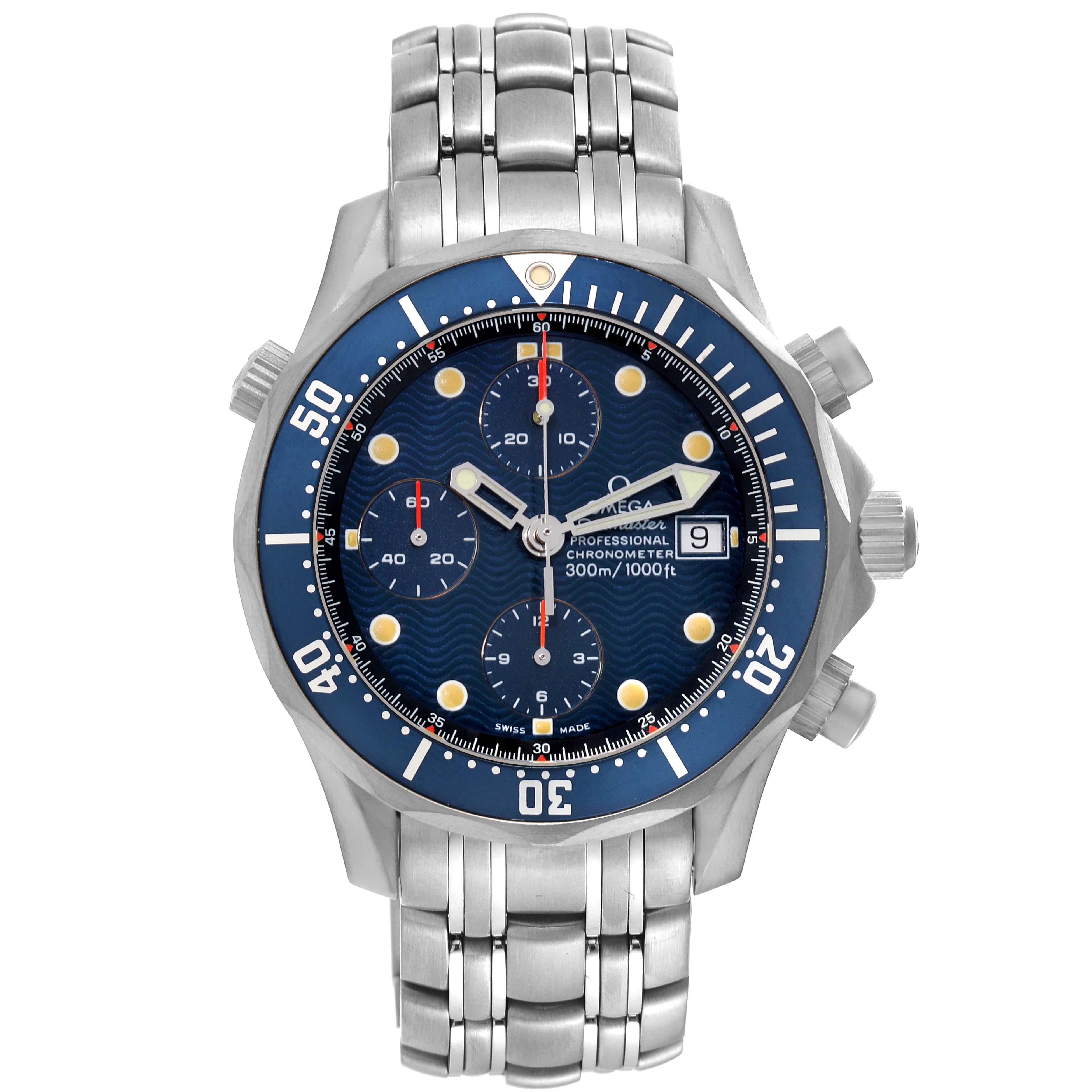 The image shows a front view of an Omega Seamaster 2298.80.00 Men's Stainless Steel Blue Dial 2298.80.00 Men's Stainless Steel Blue Dial watch, highlighting the face, bezel, crown, and metal bracelet.