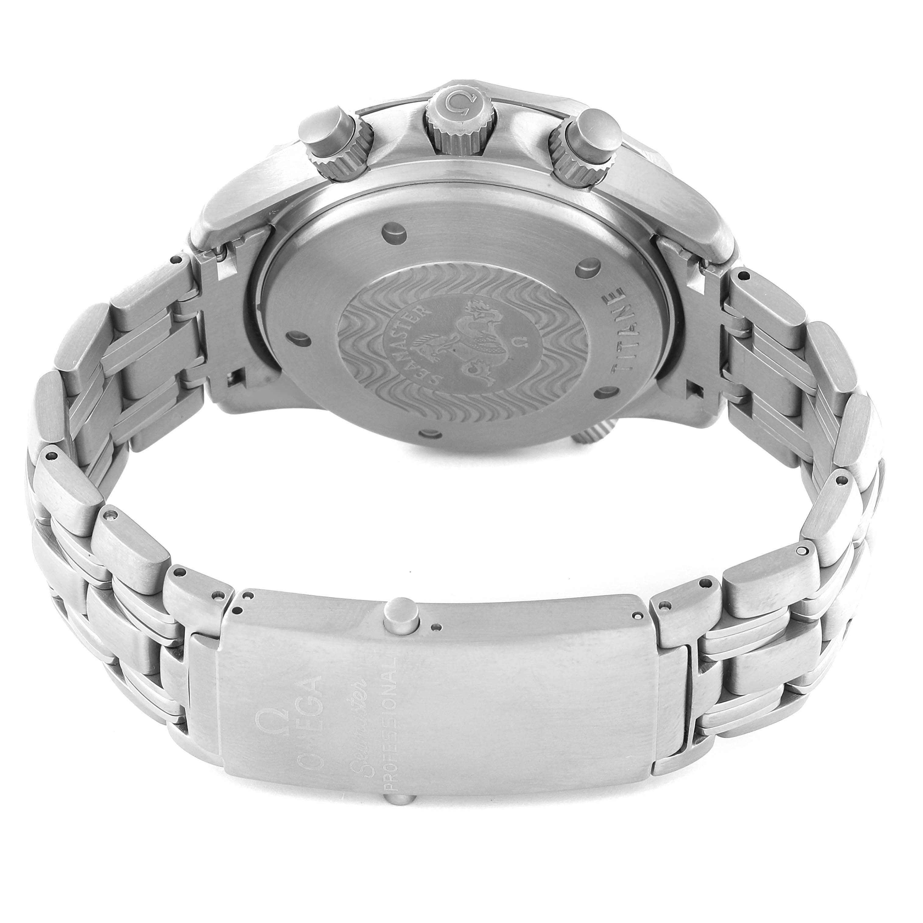 The image shows the back case, crown, pushers, and bracelet of an Omega Seamaster 2298.80.00 Men's Stainless Steel Blue Dial 2298.80.00 Men's Stainless Steel Blue Dial watch.