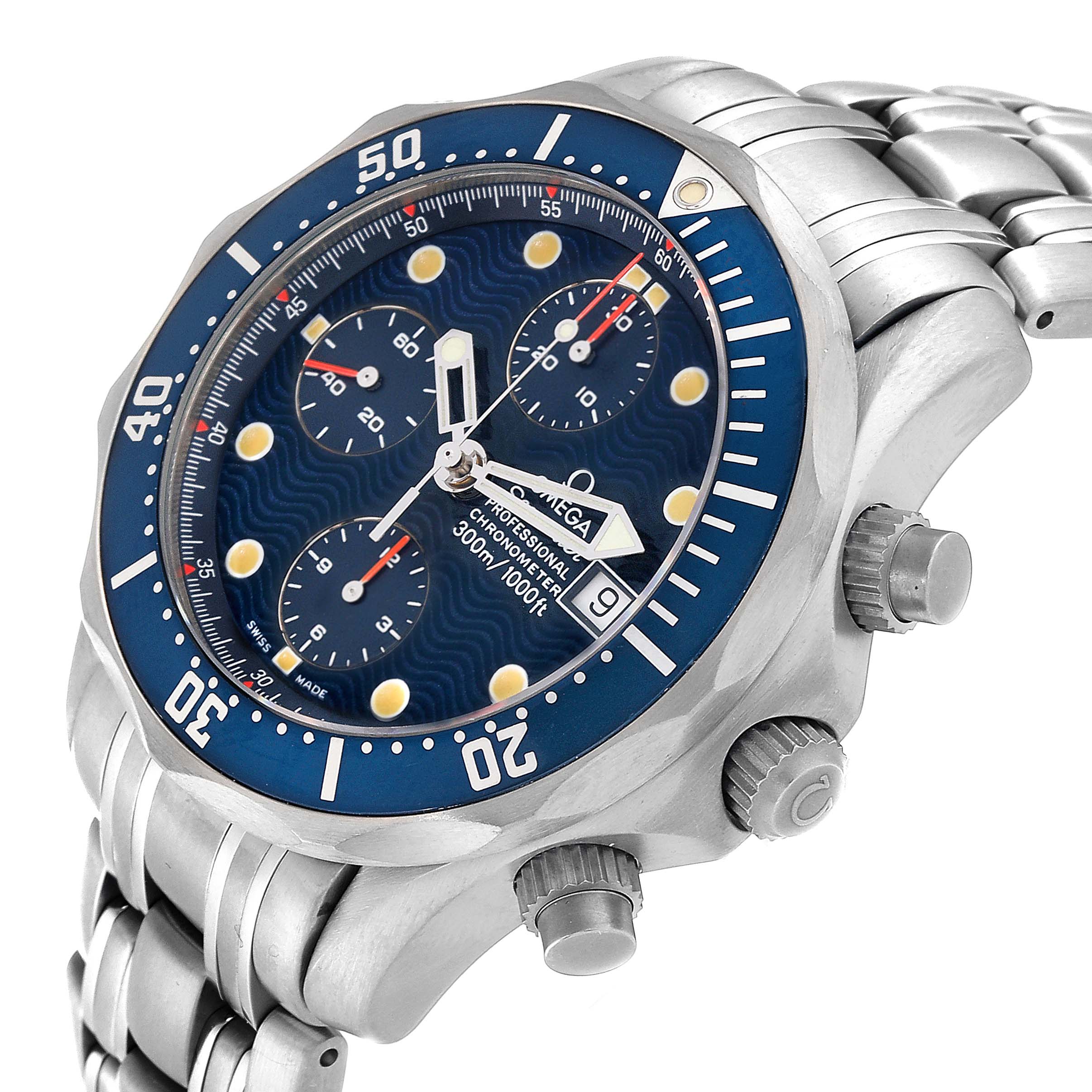 The Omega Seamaster 2298.80.00 Men's Stainless Steel Blue Dial 2298.80.00 Men's Stainless Steel Blue Dial watch is shown at a three-quarter angle, highlighting its blue dial, chronograph subdials, and stainless steel bracelet.